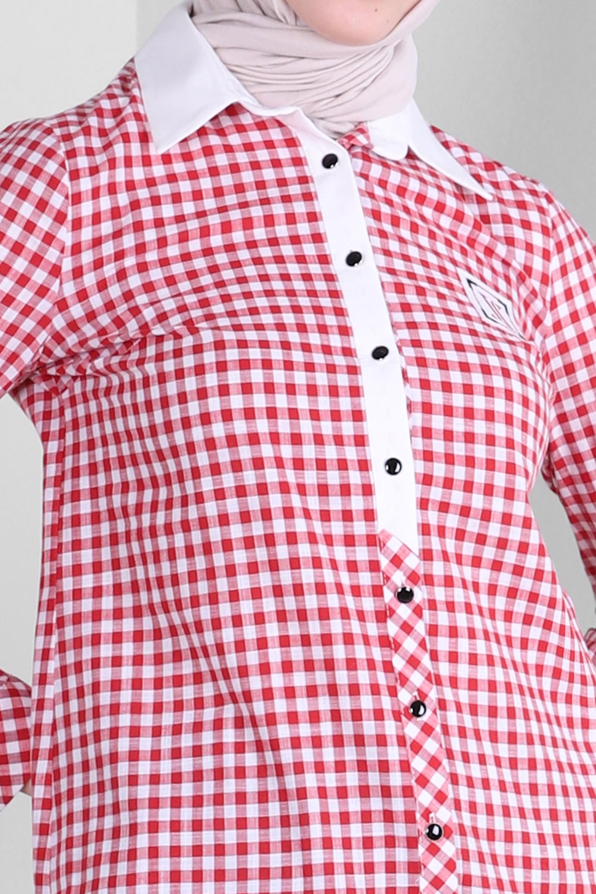 Tesettür giyim KIRMIZI PÖTİKARE DESENLİ DÜĞMELİ TUNİK 43644