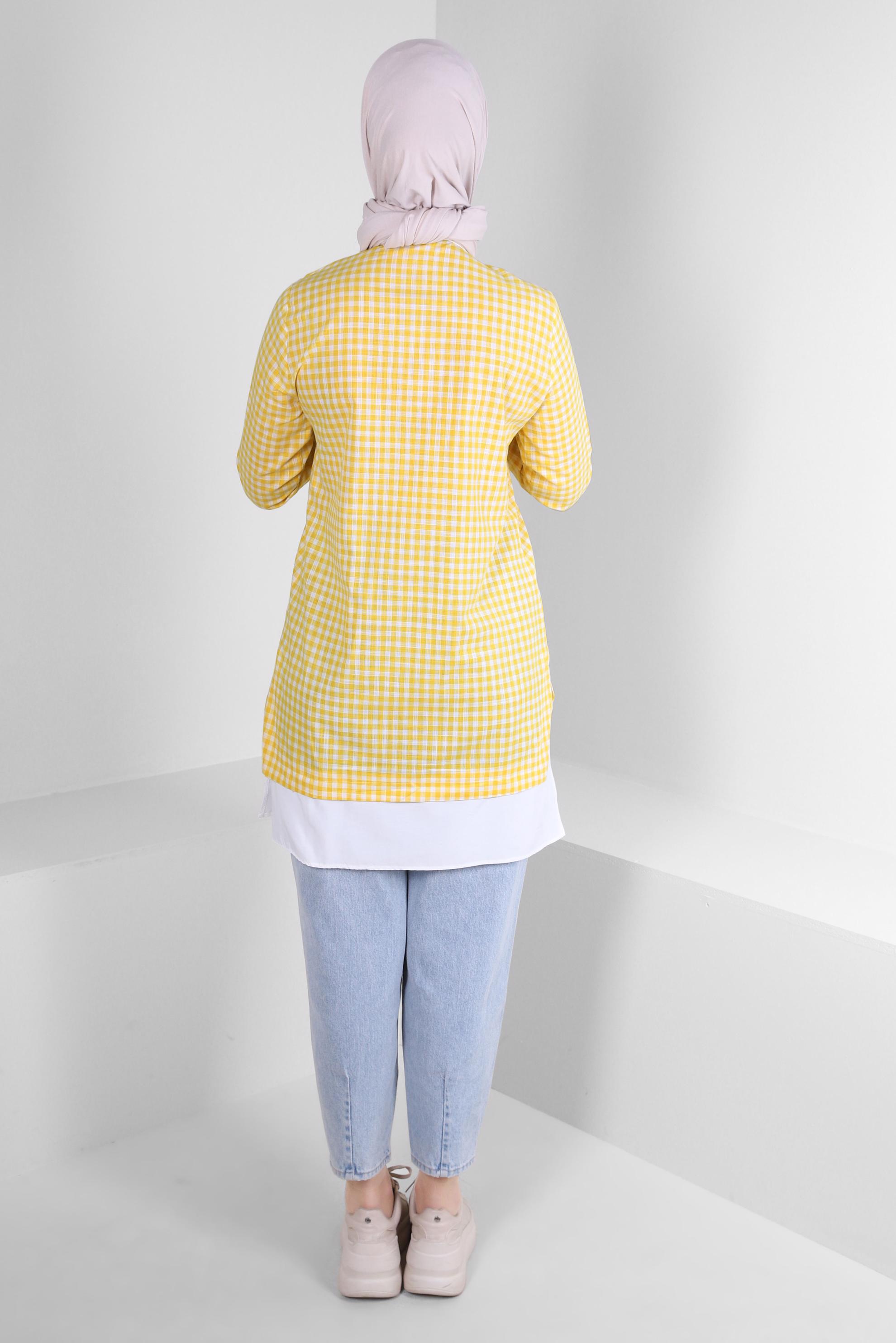 Tesettür giyim SARI PÖTİKARE DESENLİ DÜĞMELİ TUNİK 43644