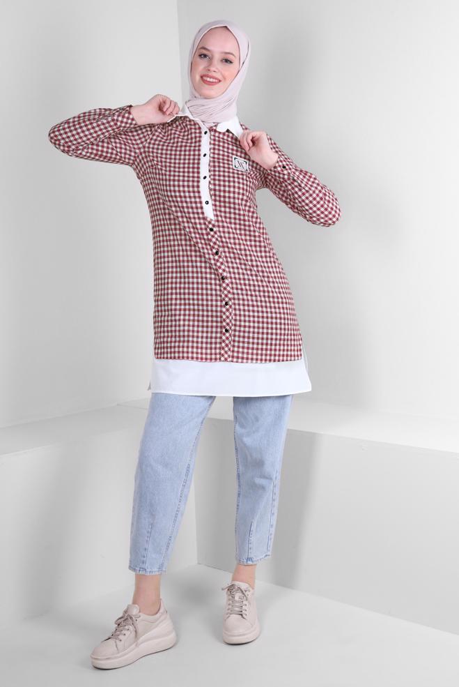 Vêtements hijab BEIGE TUNIQUE À MOTIF VICHY 43644 - ALVİNA