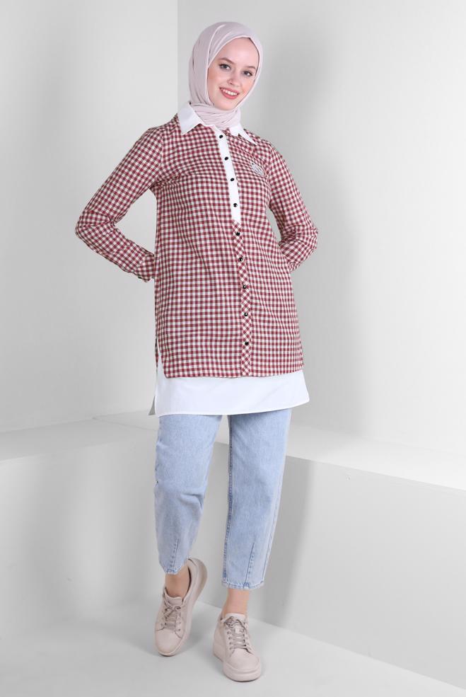 Vêtements hijab BEIGE TUNIQUE À MOTIF VICHY 43644 - ALVİNA
