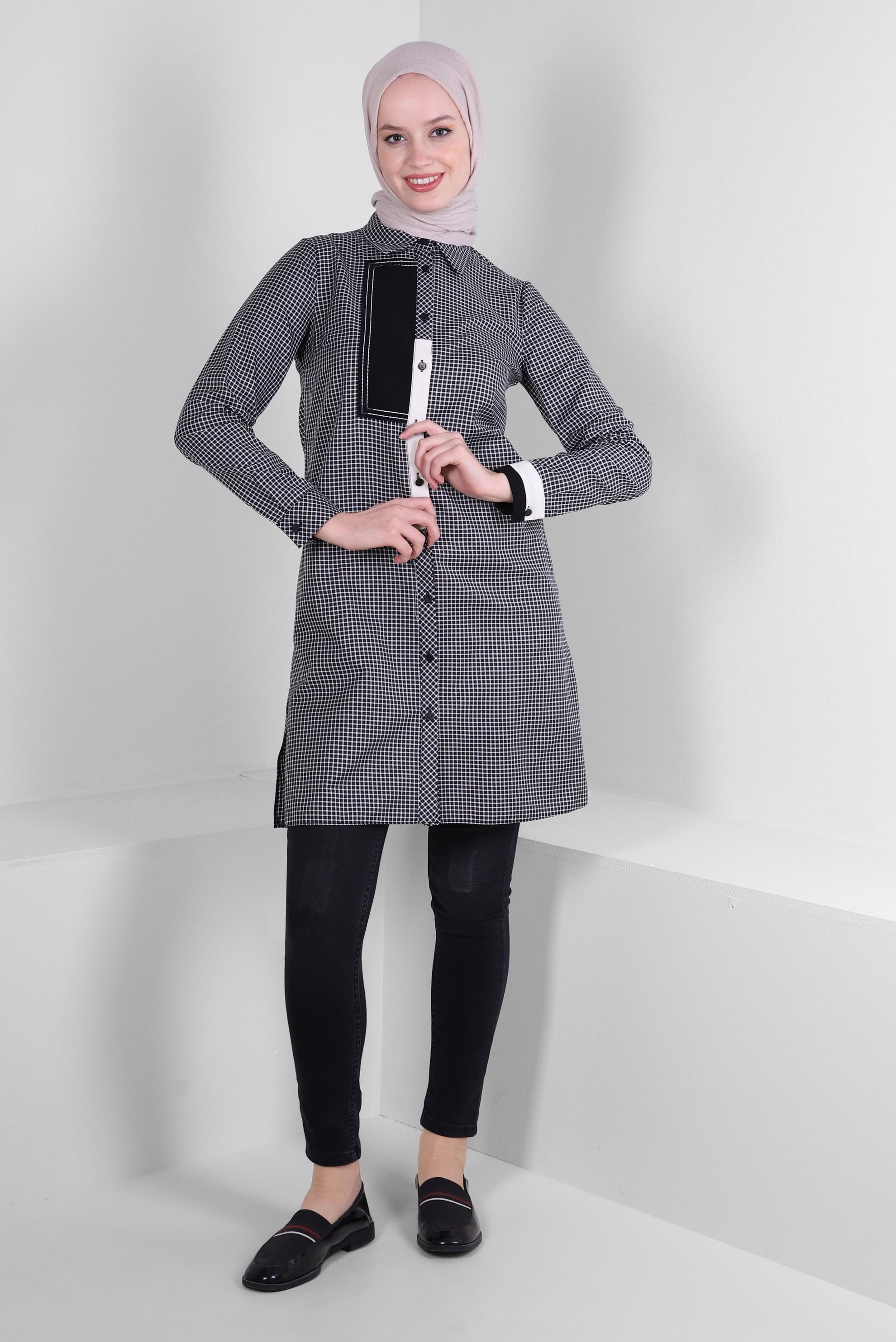 Tesettür giyim SİYAH PÖTİKARE DESENLİ GÖMLEK TUNİK 43645