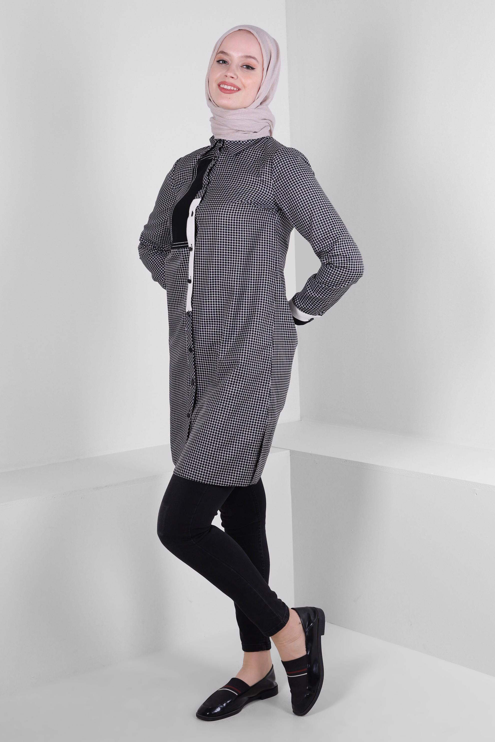 Tesettür giyim SİYAH PÖTİKARE DESENLİ GÖMLEK TUNİK 43645