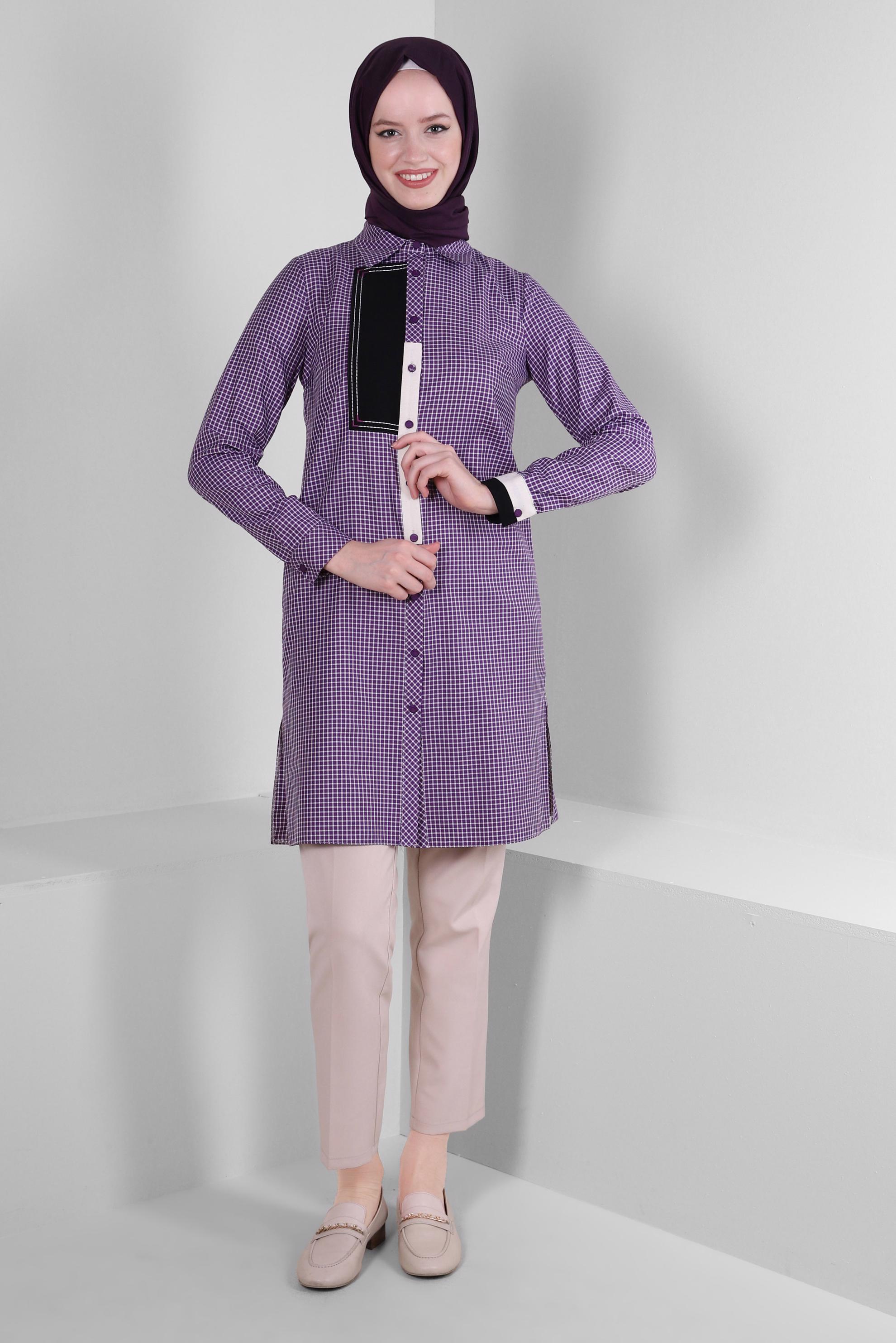 Tesettür giyim MOR PÖTİKARE DESENLİ GÖMLEK TUNİK 43645