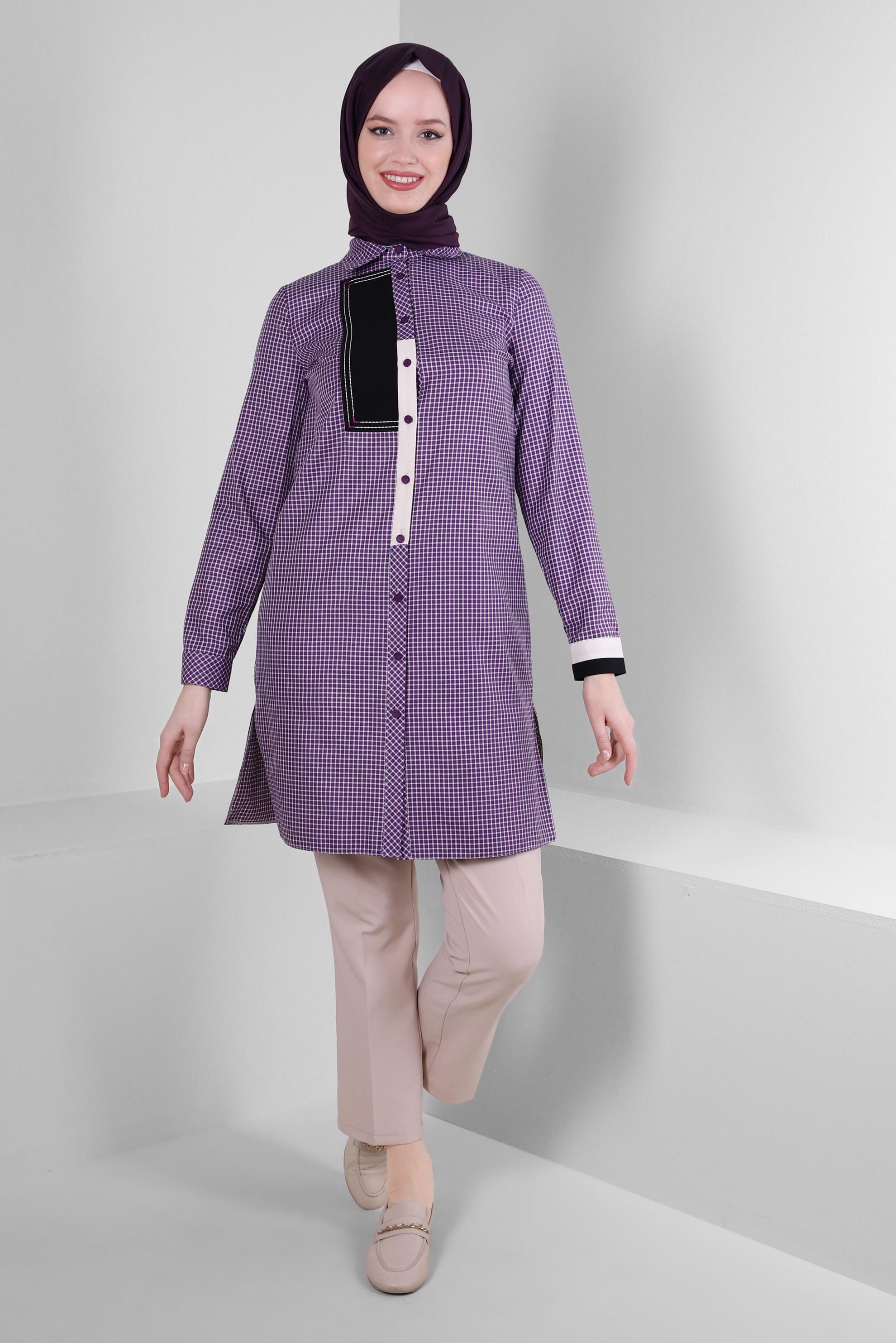 Tesettür giyim MOR PÖTİKARE DESENLİ GÖMLEK TUNİK 43645