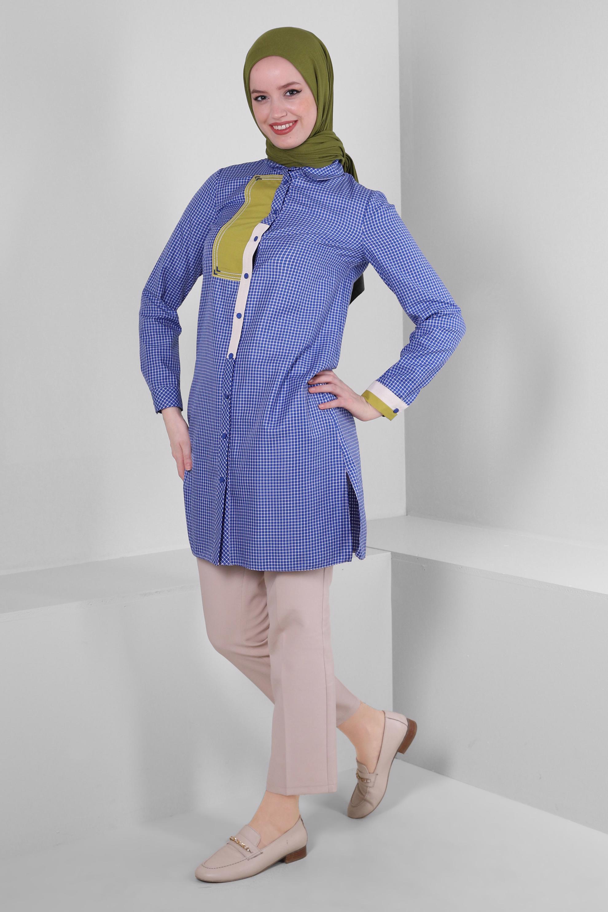 Tesettür giyim LACİVERT PÖTİKARE DESENLİ GÖMLEK TUNİK 43645