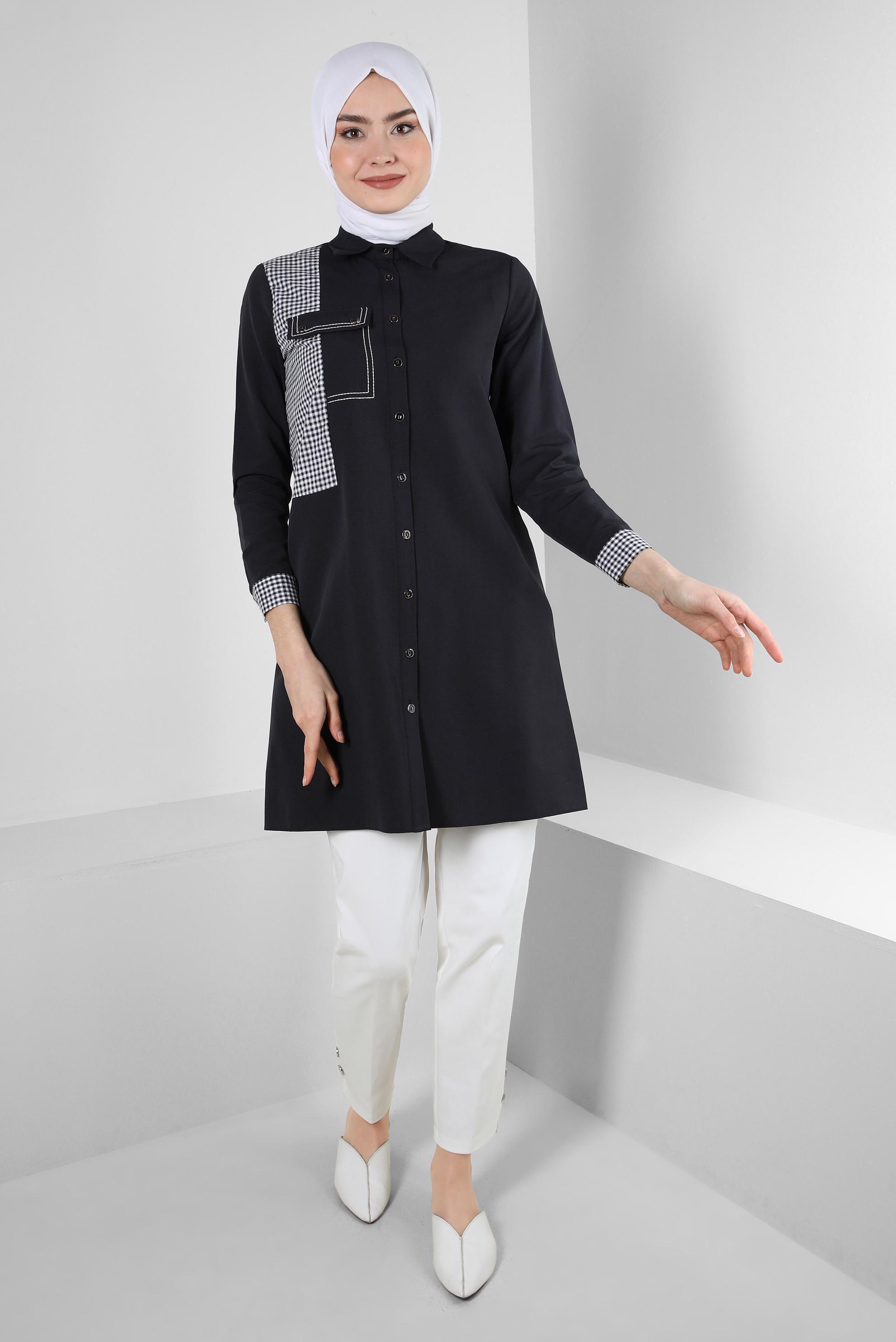 Tesettür giyim SİYAH EKOSE CEP DETAYLI GÖMLEK TUNİK 43646