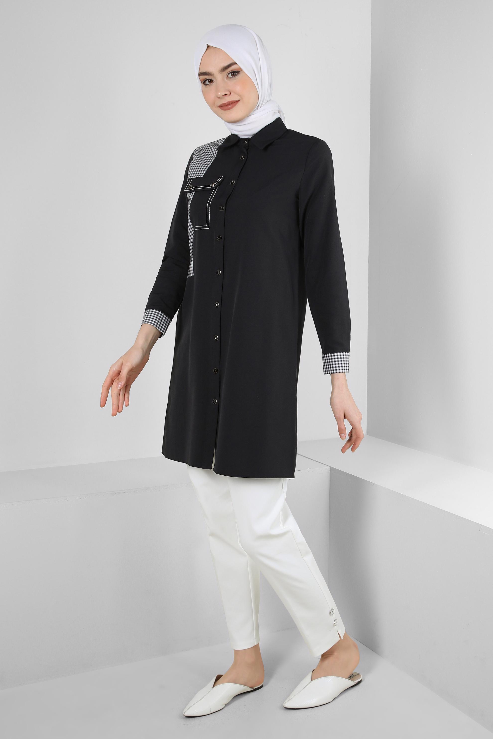 Tesettür giyim SİYAH EKOSE CEP DETAYLI GÖMLEK TUNİK 43646