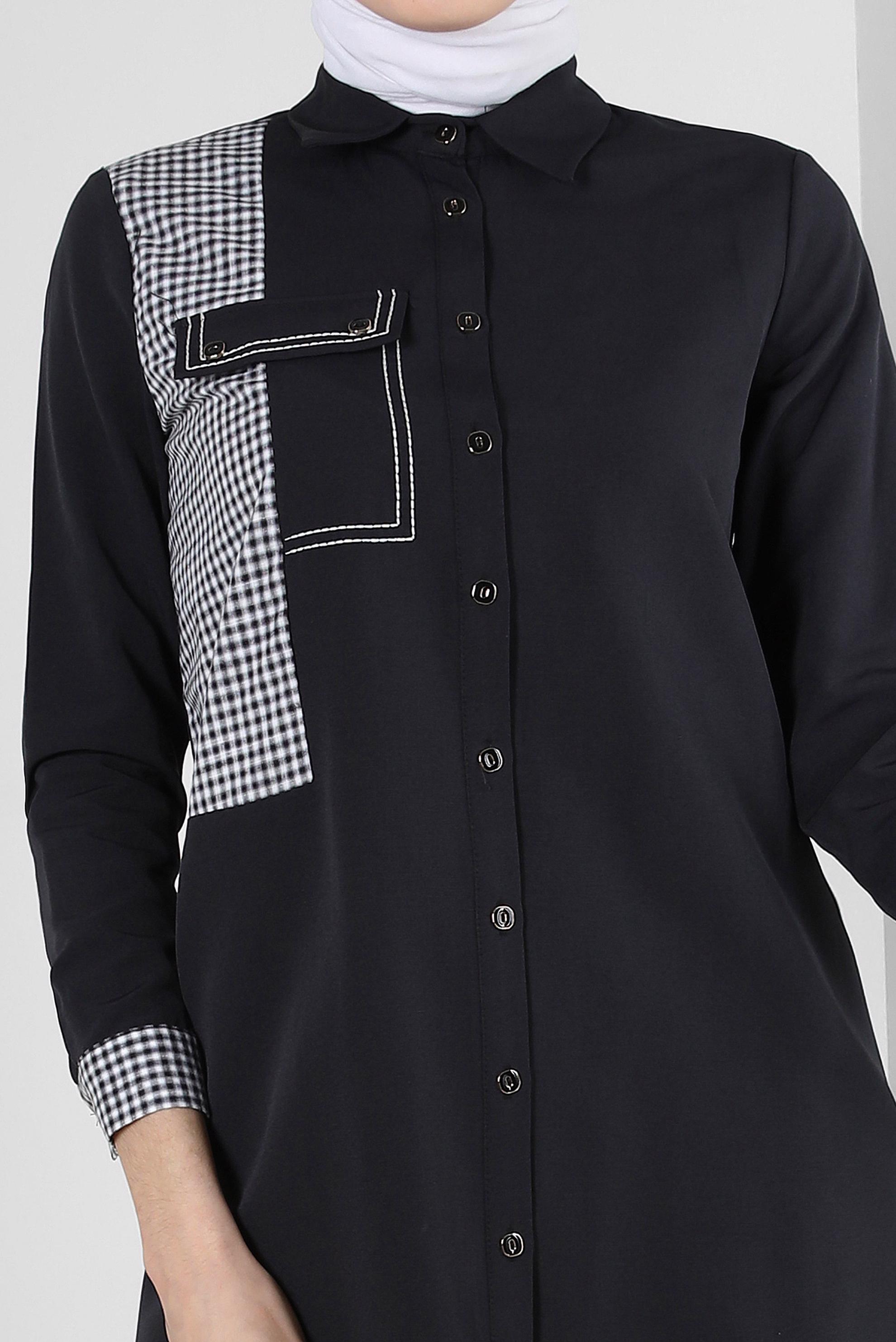 Tesettür giyim SİYAH EKOSE CEP DETAYLI GÖMLEK TUNİK 43646