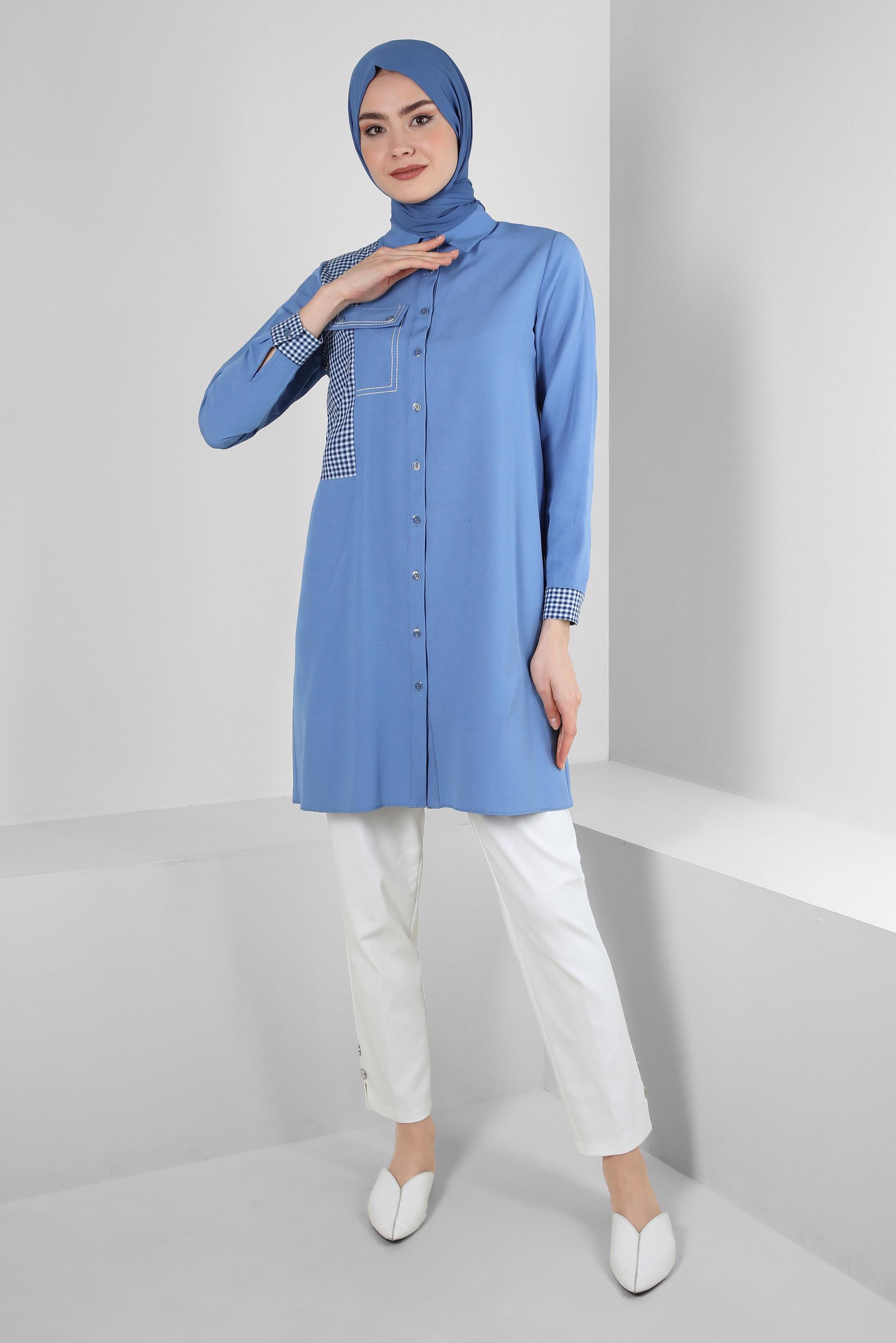 Tesettür giyim MAVİ EKOSE CEP DETAYLI GÖMLEK TUNİK 43646