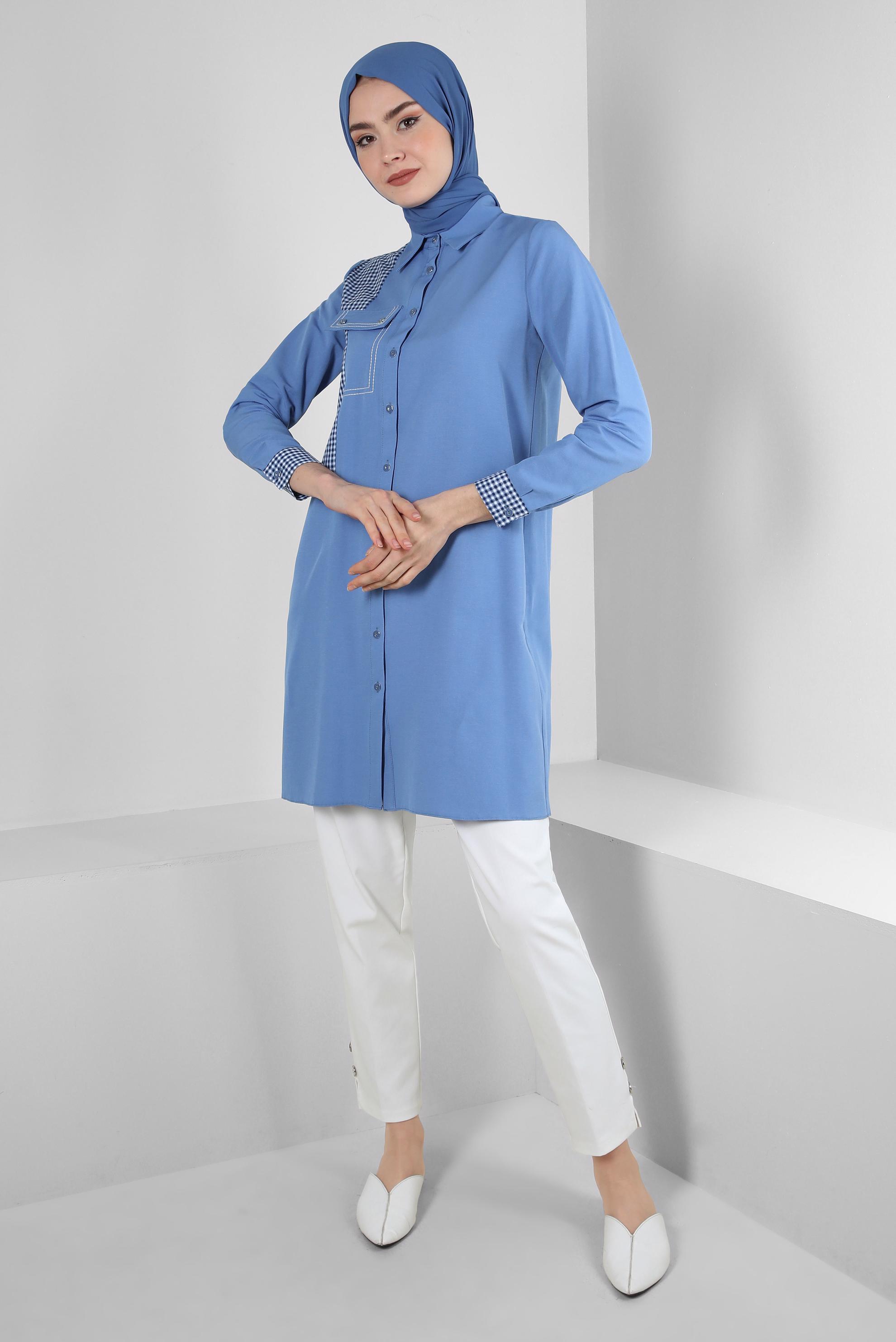 Tesettür giyim MAVİ EKOSE CEP DETAYLI GÖMLEK TUNİK 43646
