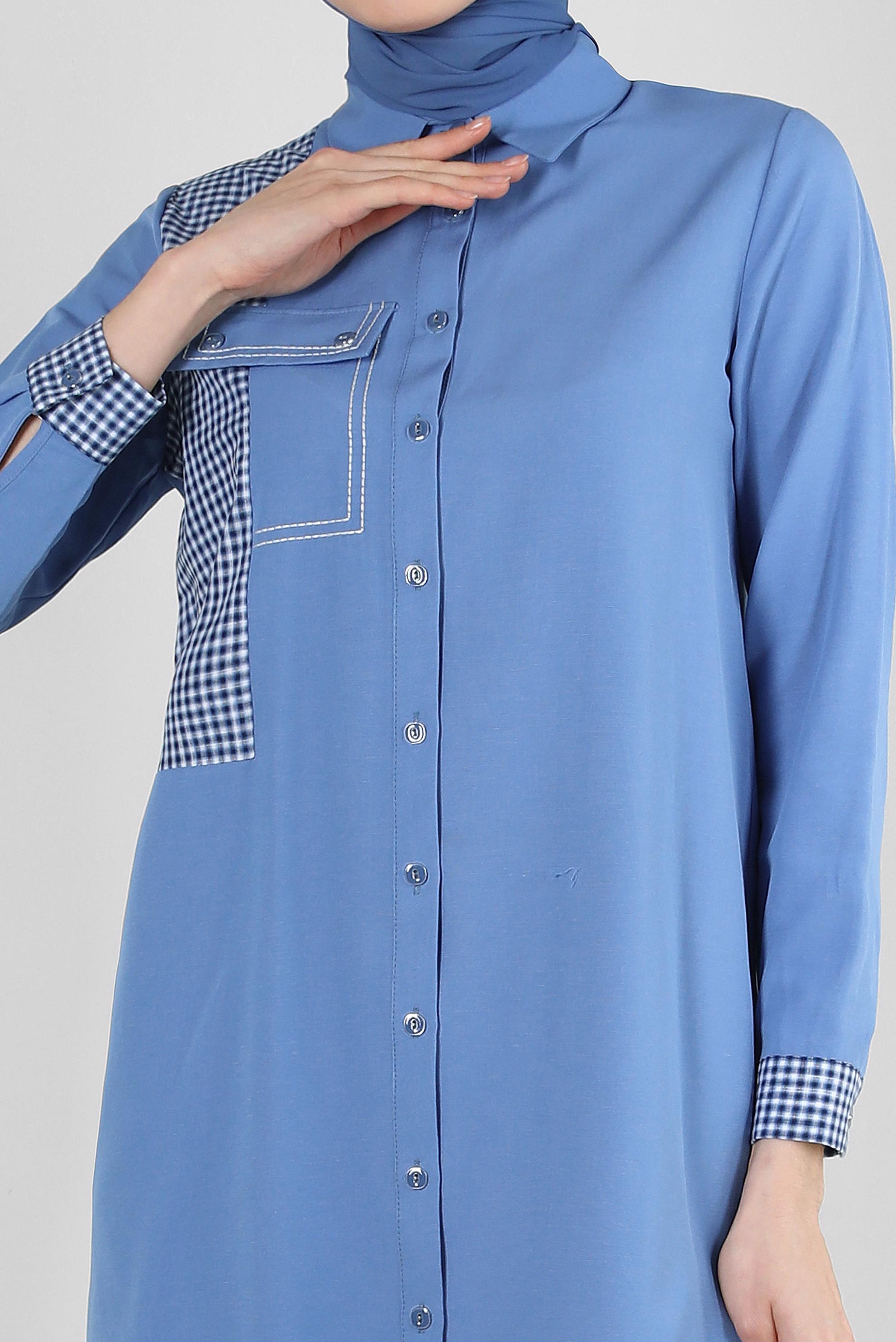 Tesettür giyim MAVİ EKOSE CEP DETAYLI GÖMLEK TUNİK 43646