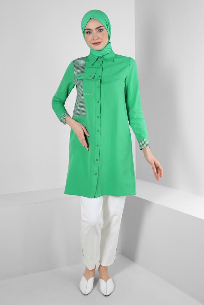 Tesettür giyim  EKOSE CEP DETAYLI GÖMLEK TUNİK 43646 - ALVİNA