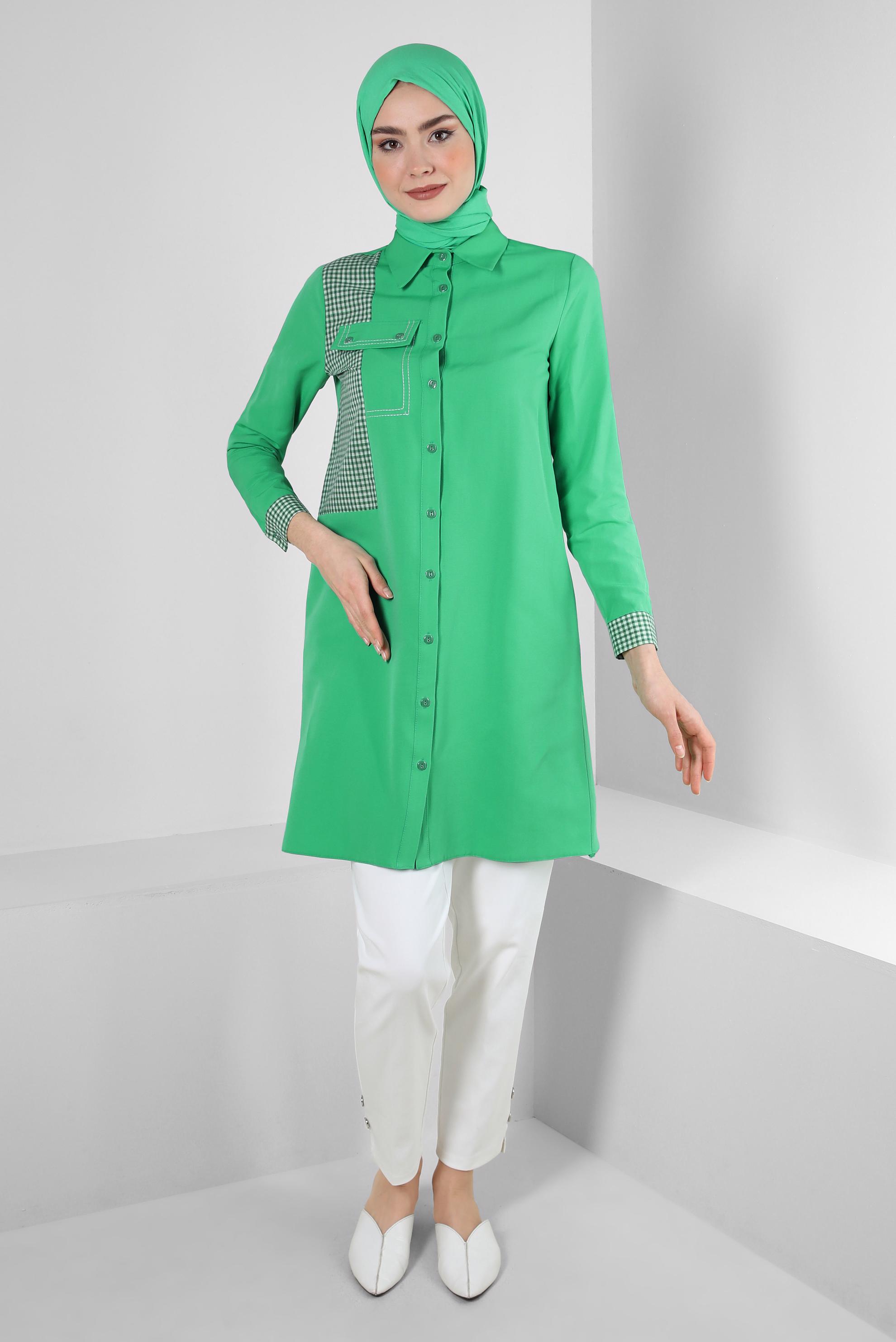 Tesettür giyim YEŞİL EKOSE CEP DETAYLI GÖMLEK TUNİK 43646
