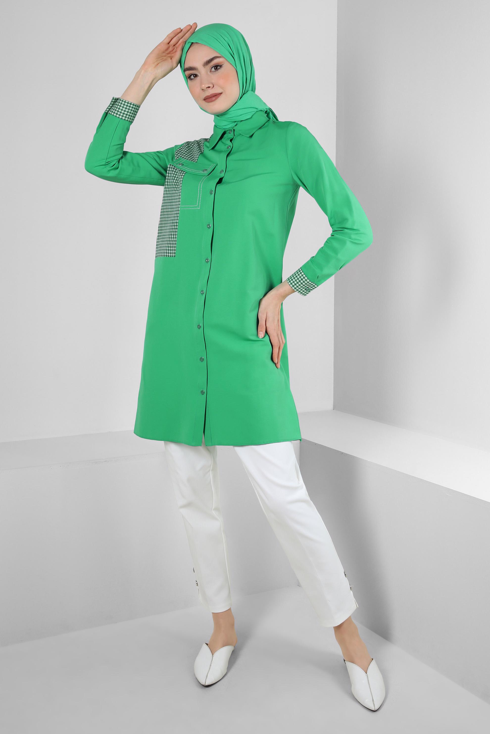 Tesettür giyim YEŞİL EKOSE CEP DETAYLI GÖMLEK TUNİK 43646