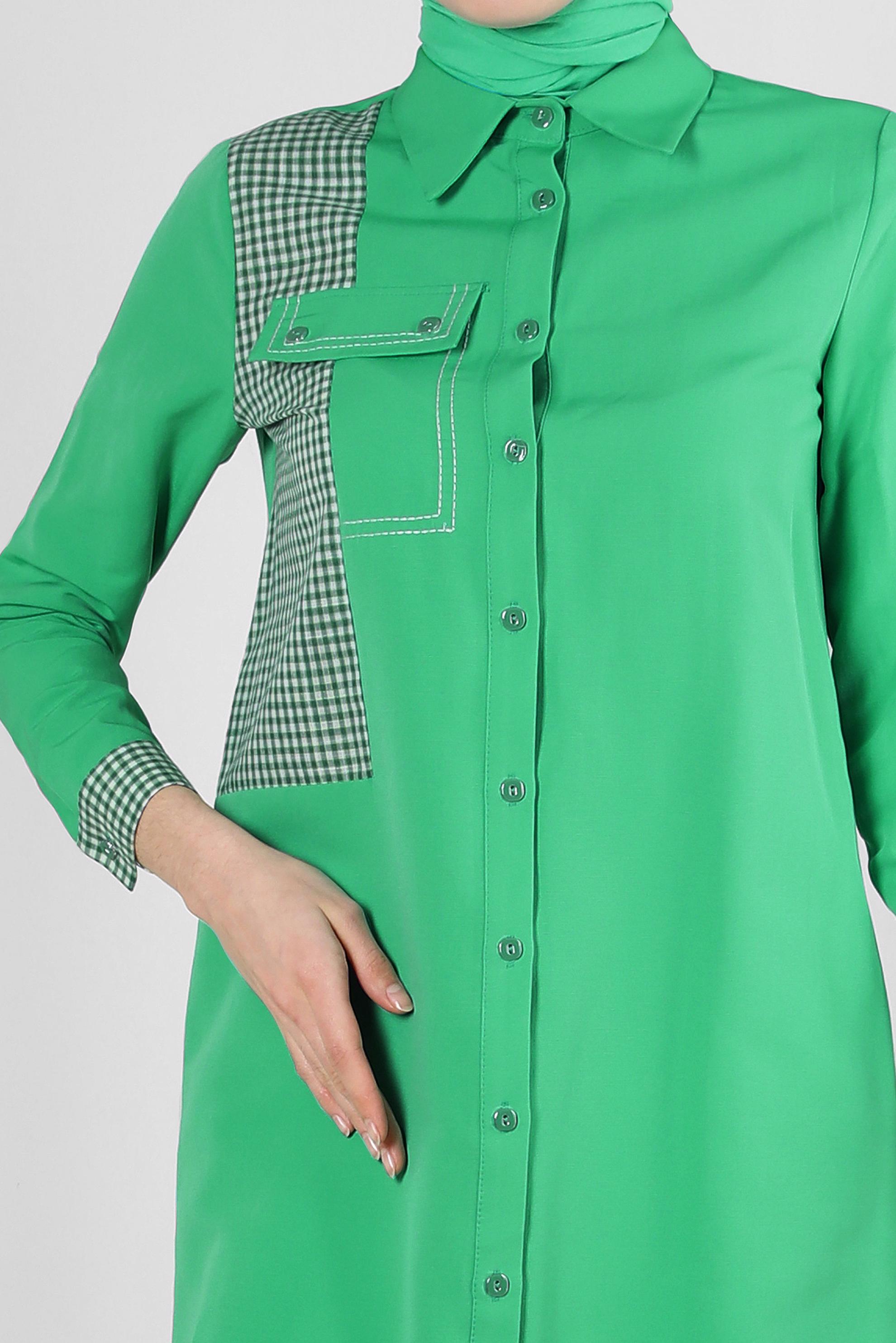 Tesettür giyim YEŞİL EKOSE CEP DETAYLI GÖMLEK TUNİK 43646