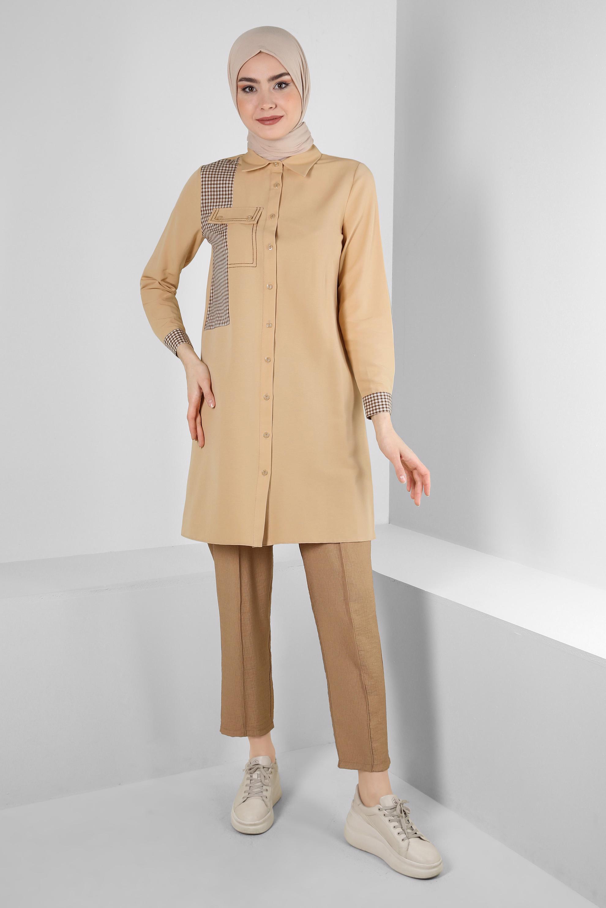 Tesettür giyim BEJ EKOSE CEP DETAYLI GÖMLEK TUNİK 43646