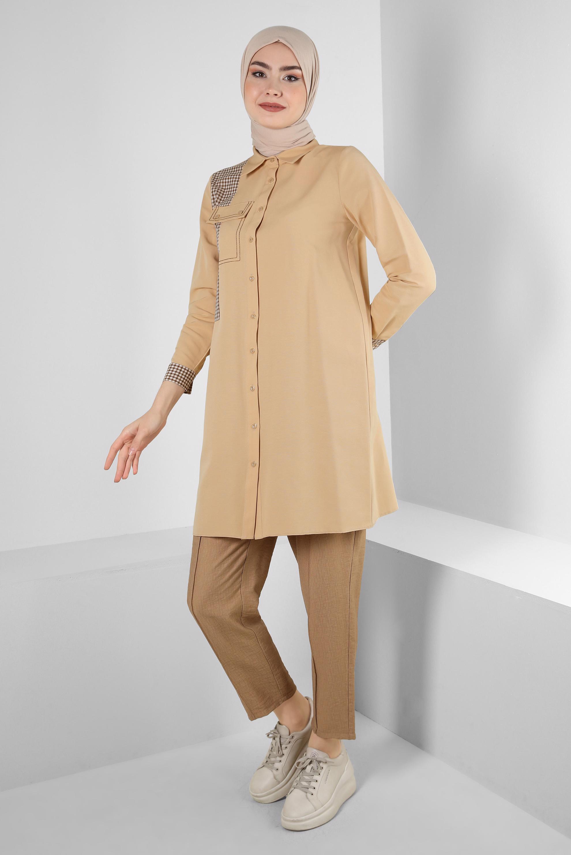 Tesettür giyim BEJ EKOSE CEP DETAYLI GÖMLEK TUNİK 43646