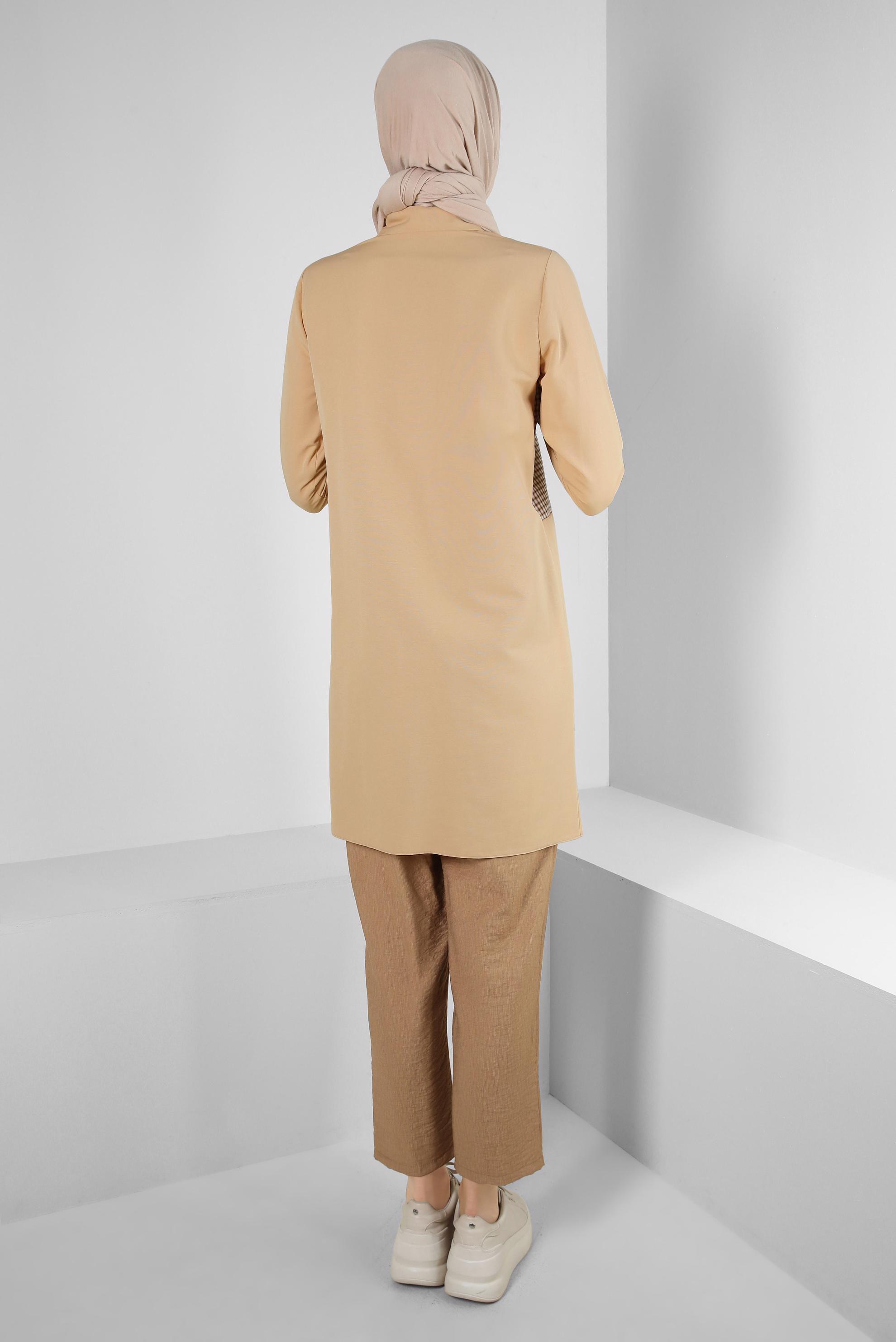 Tesettür giyim BEJ EKOSE CEP DETAYLI GÖMLEK TUNİK 43646