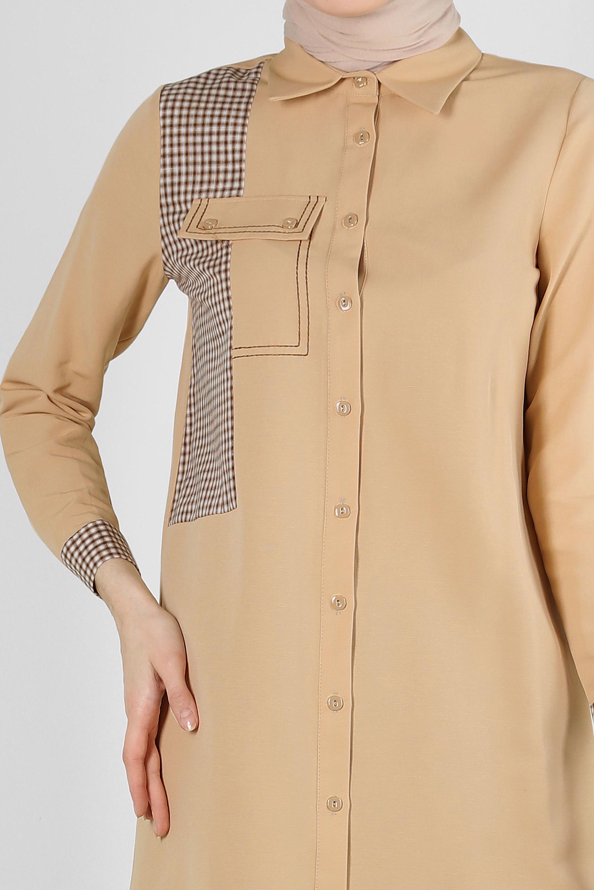 Tesettür giyim BEJ EKOSE CEP DETAYLI GÖMLEK TUNİK 43646