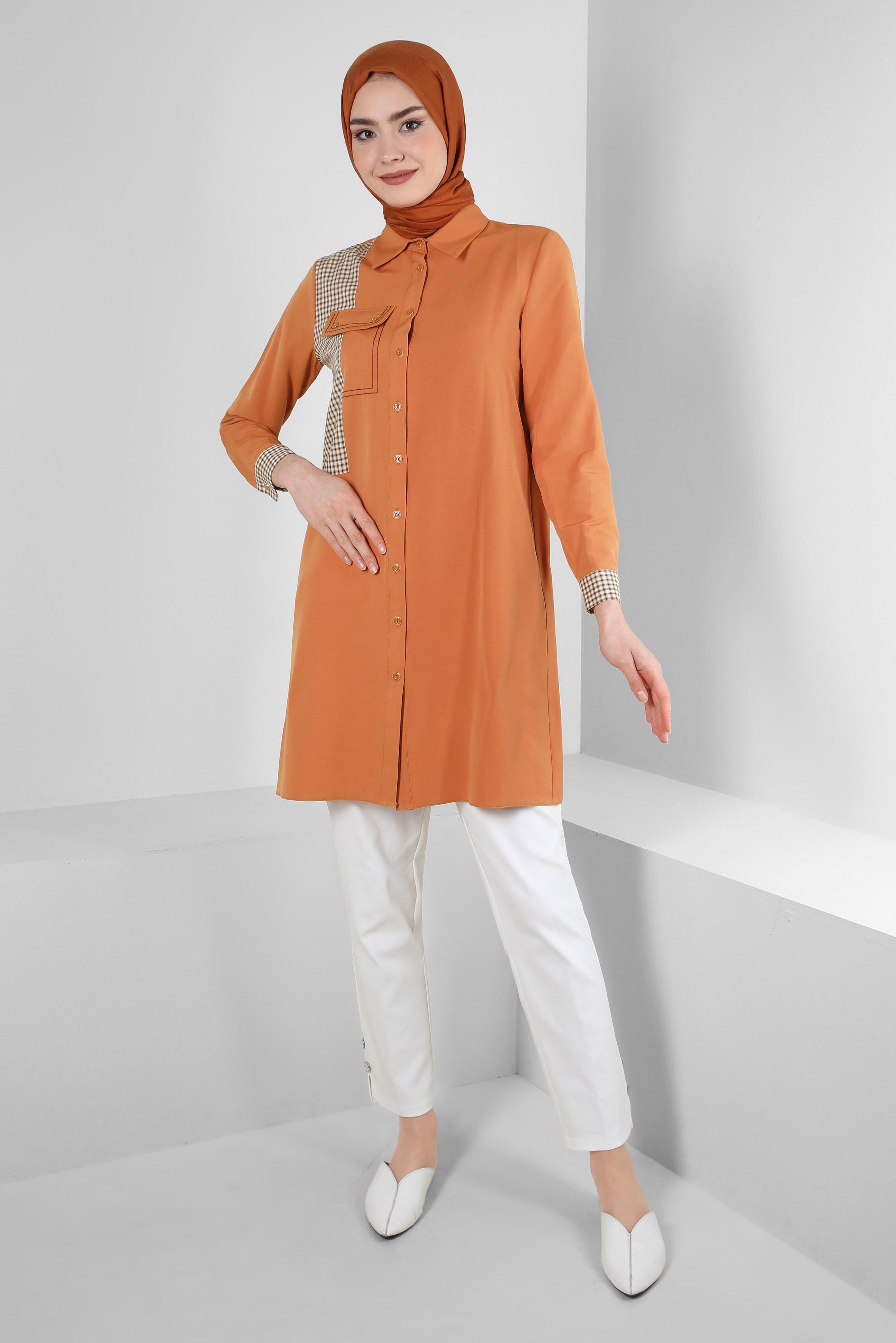 Tesettür giyim TURUNCU EKOSE CEP DETAYLI GÖMLEK TUNİK 43646