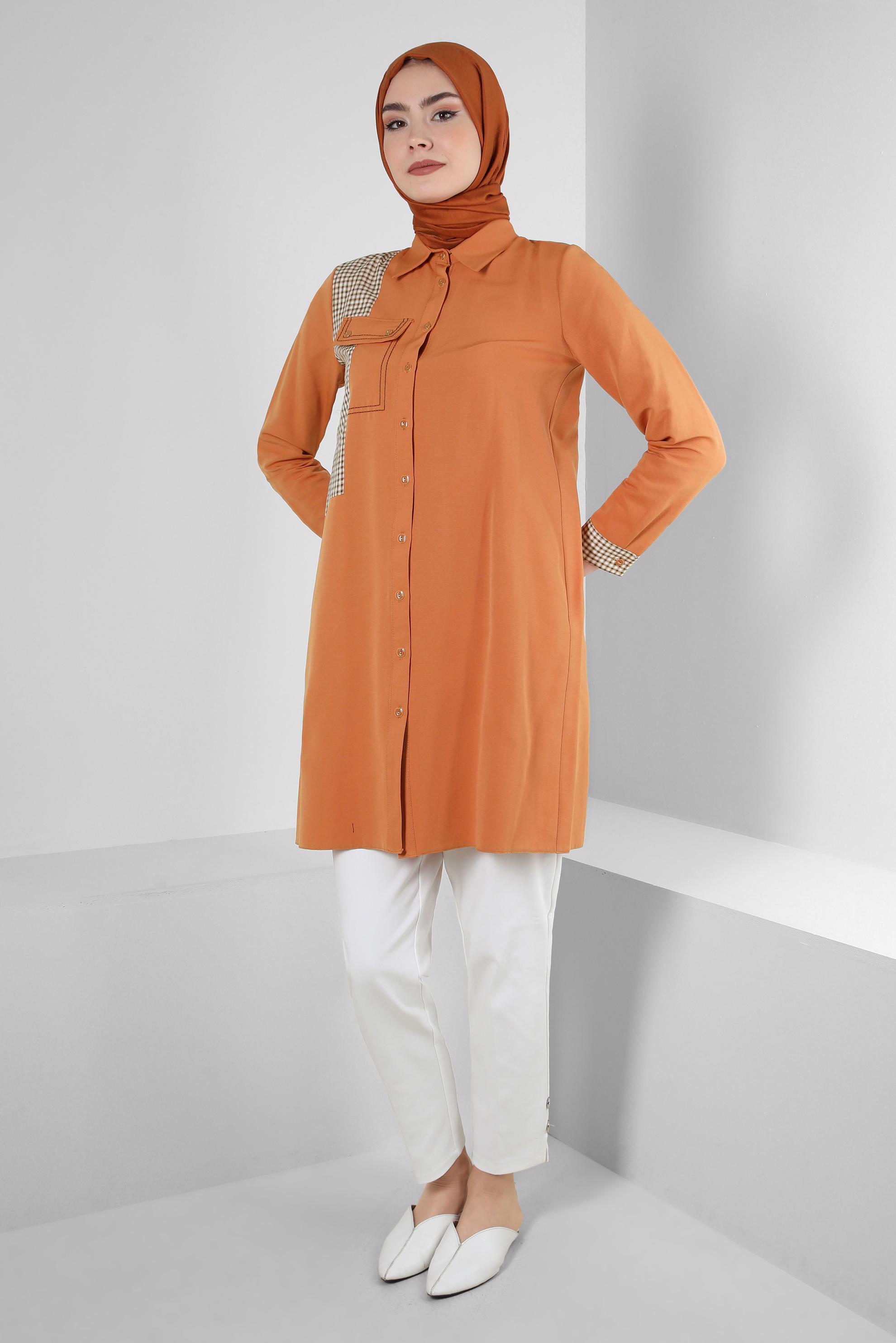 Tesettür giyim TURUNCU EKOSE CEP DETAYLI GÖMLEK TUNİK 43646