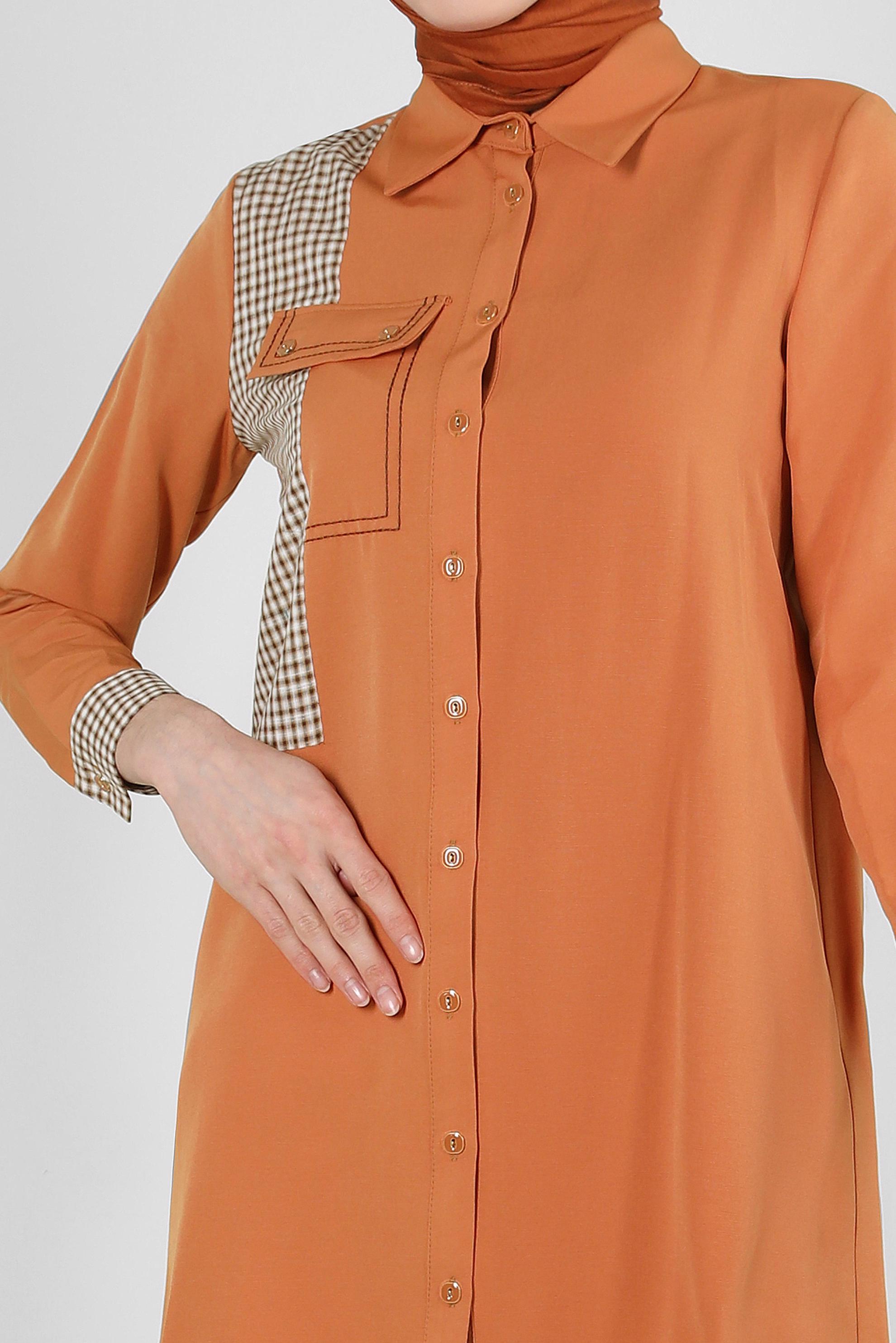 Tesettür giyim TURUNCU EKOSE CEP DETAYLI GÖMLEK TUNİK 43646