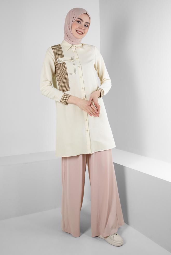 Tesettür giyim  EKOSE CEP DETAYLI GÖMLEK TUNİK 43646 - ALVİNA