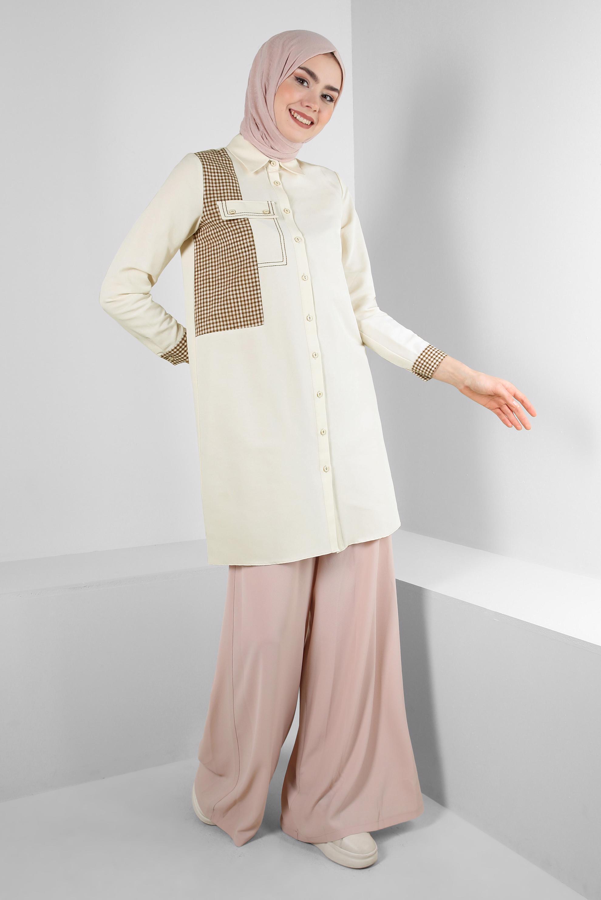 Tesettür giyim EKRU EKOSE CEP DETAYLI GÖMLEK TUNİK 43646