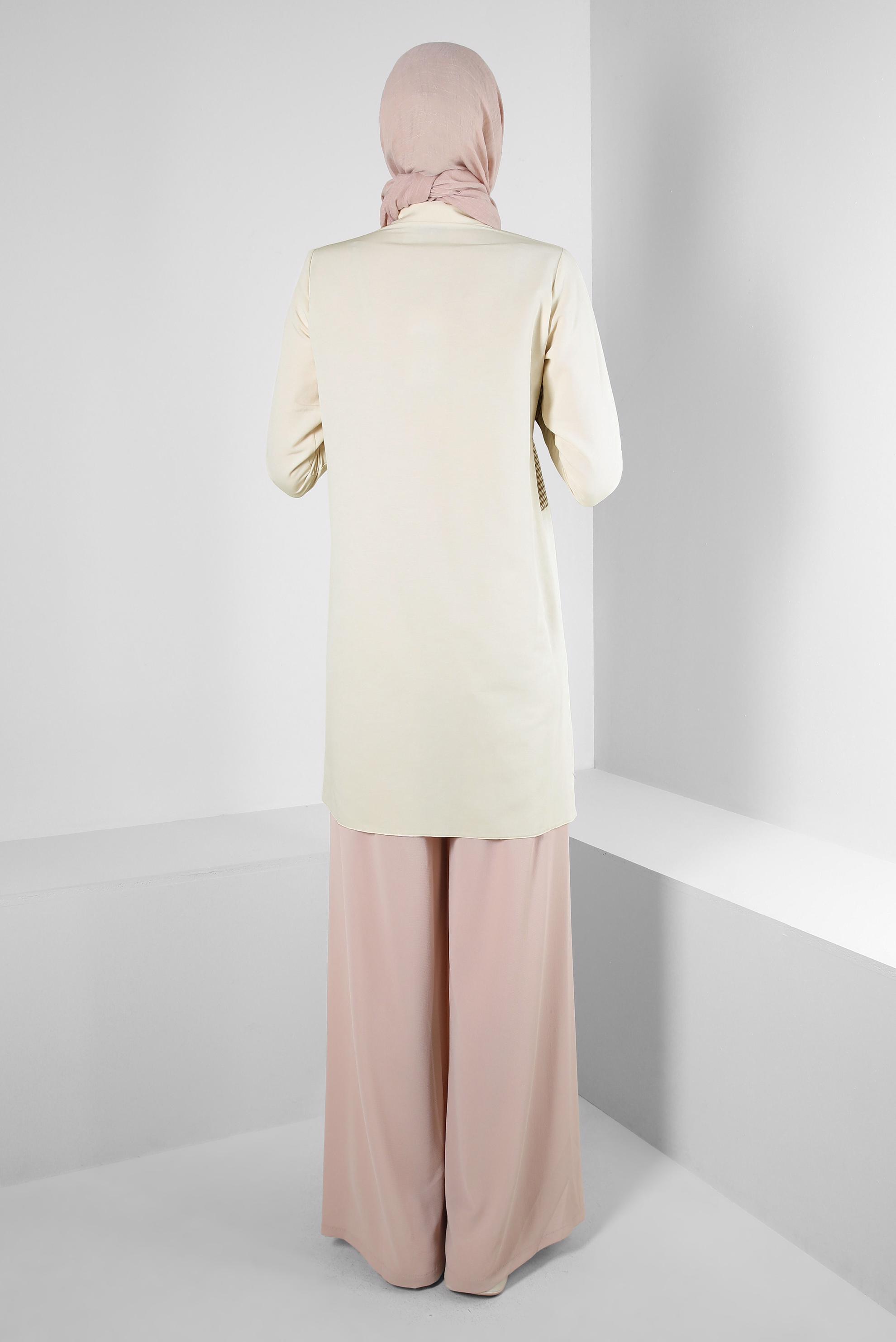 Tesettür giyim EKRU EKOSE CEP DETAYLI GÖMLEK TUNİK 43646