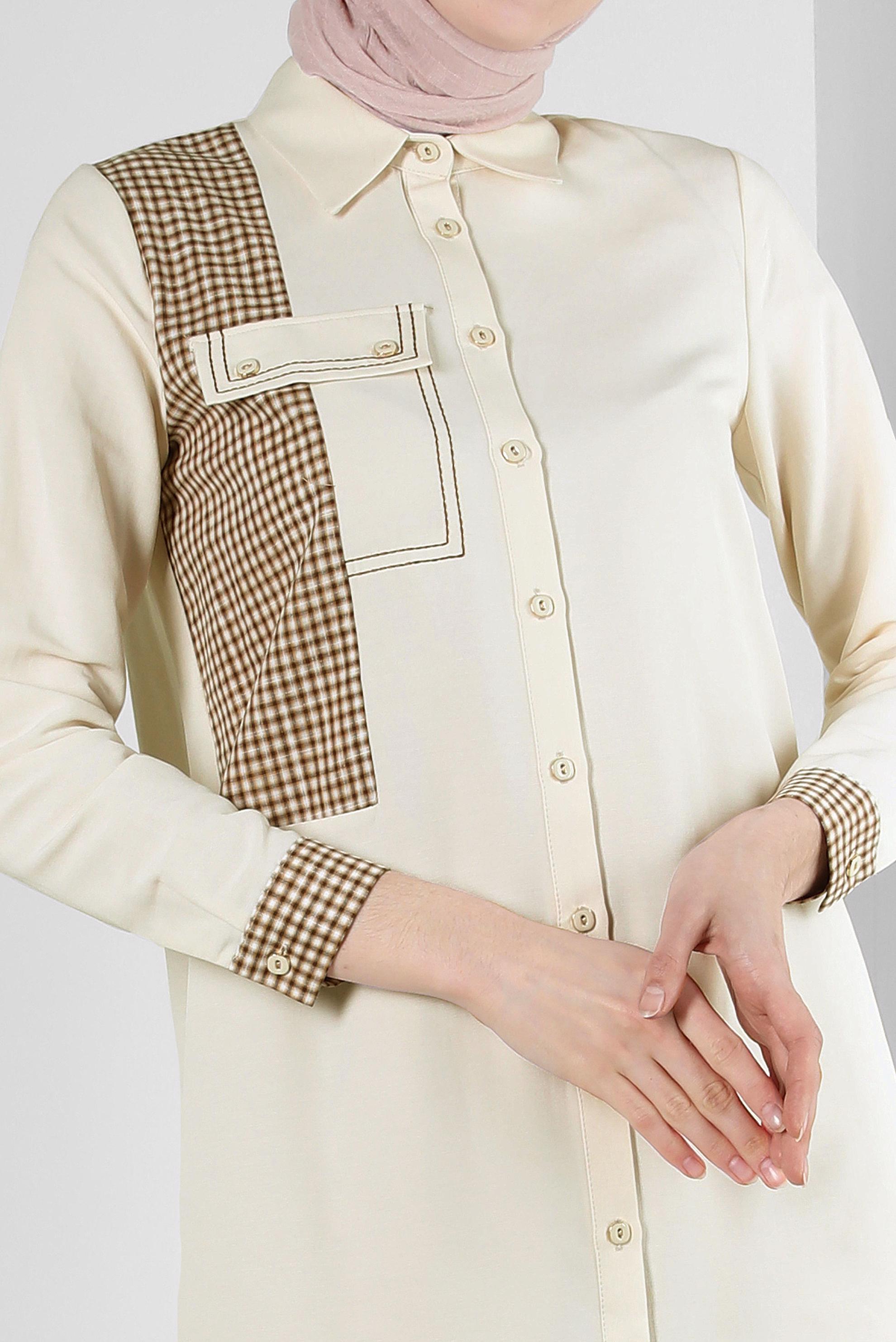 Tesettür giyim EKRU EKOSE CEP DETAYLI GÖMLEK TUNİK 43646