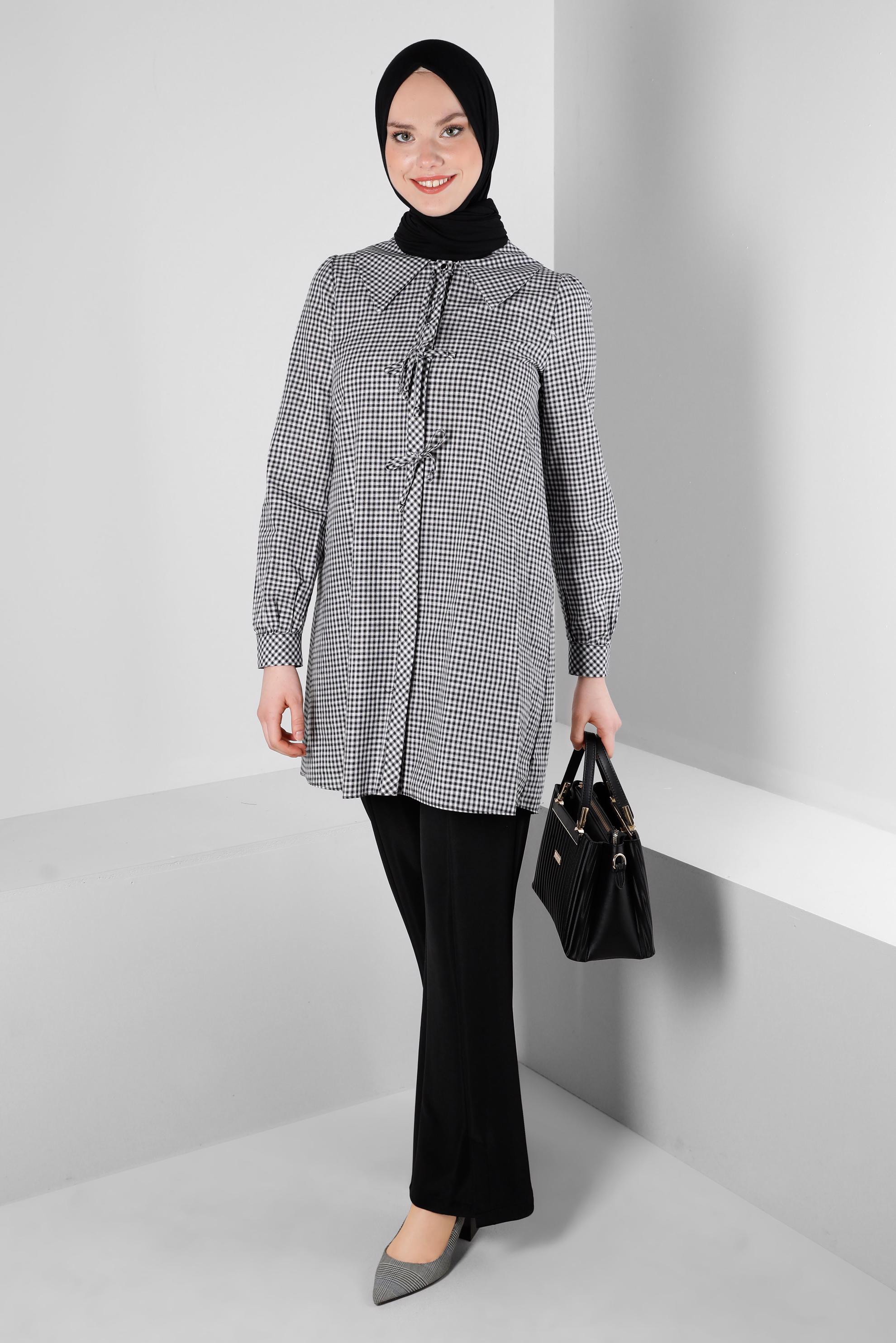 Tesettür giyim SİYAH PÖTİKARE DESENLİ BAĞCIK DETAYLI TUNİK 43647