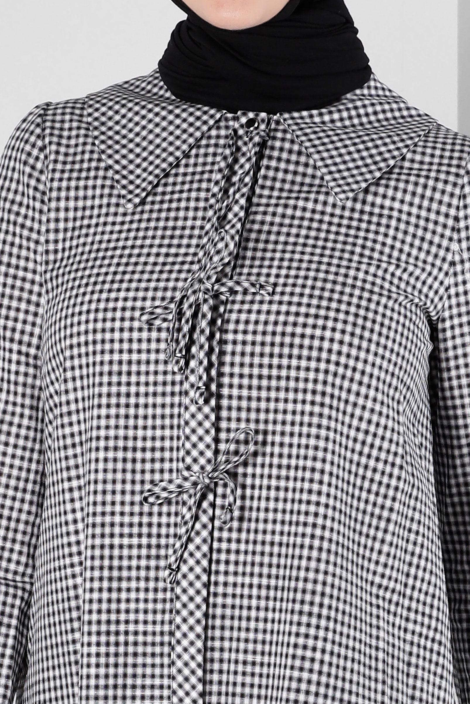 Tesettür giyim SİYAH PÖTİKARE DESENLİ BAĞCIK DETAYLI TUNİK 43647