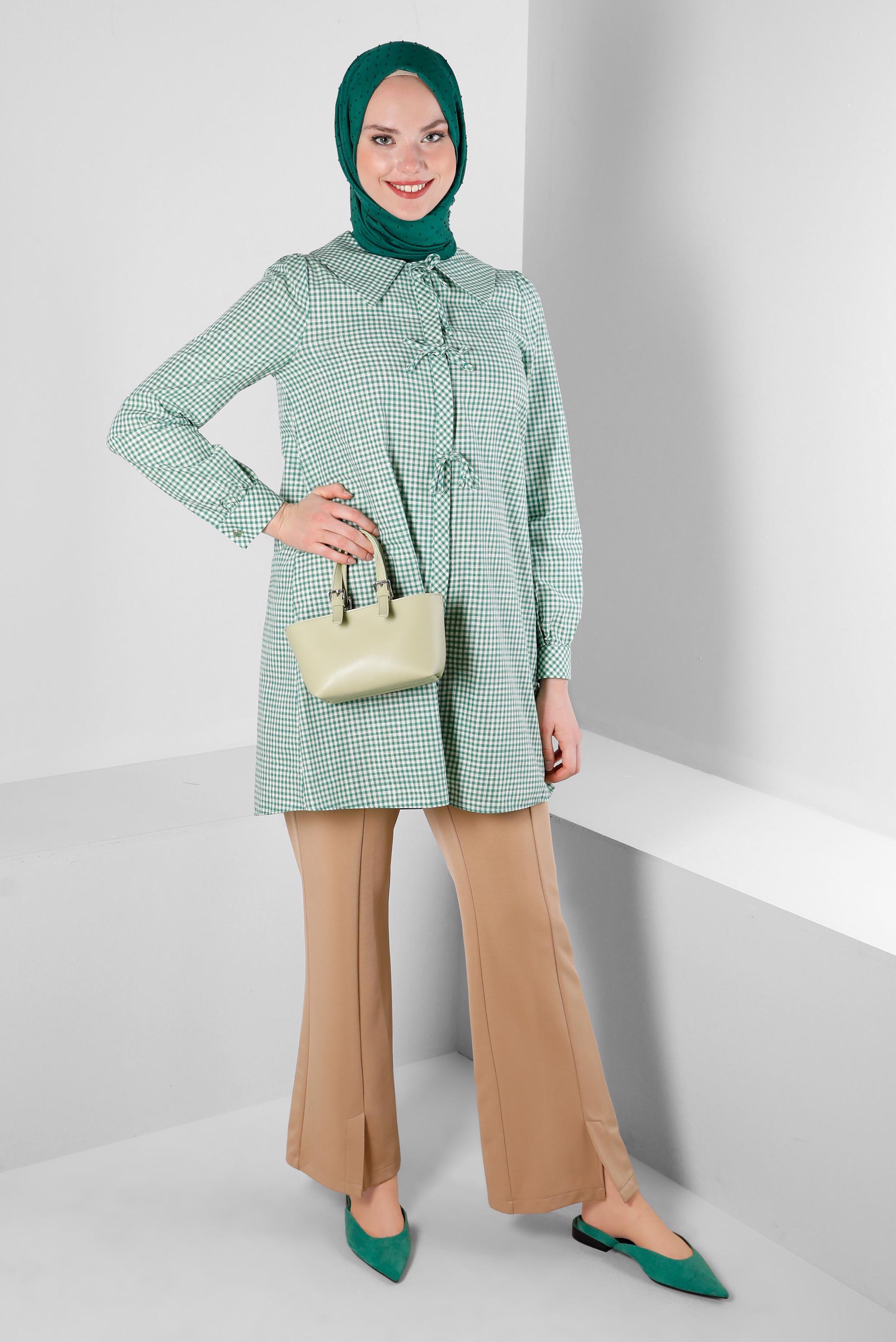 Tesettür giyim YEŞİL PÖTİKARE DESENLİ BAĞCIK DETAYLI TUNİK 43647