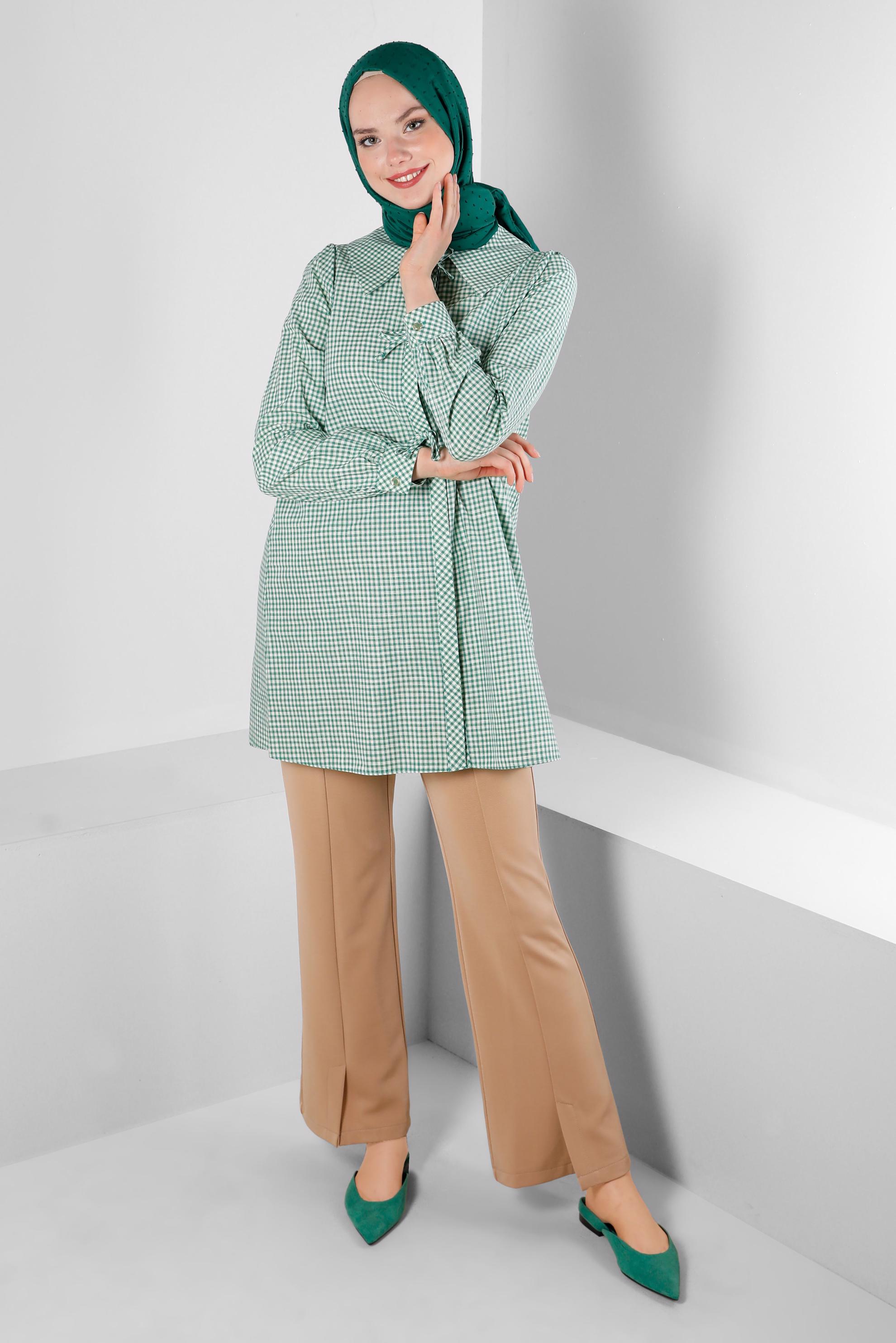 Tesettür giyim YEŞİL PÖTİKARE DESENLİ BAĞCIK DETAYLI TUNİK 43647