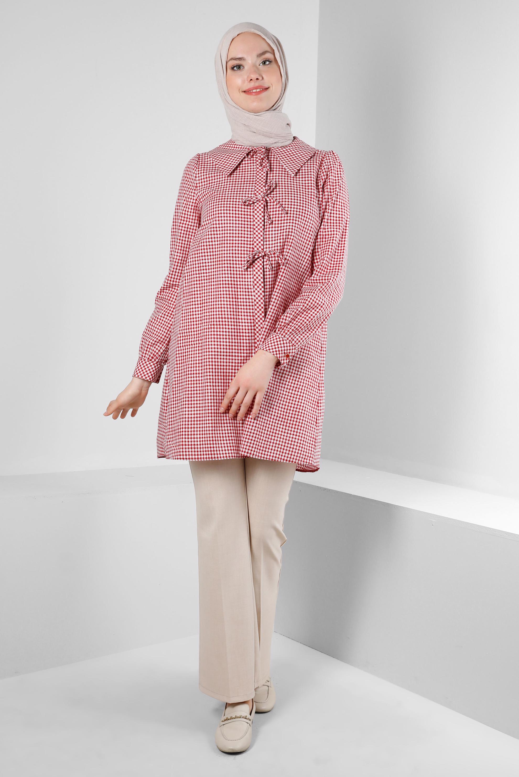 Tesettür giyim KIRMIZI PÖTİKARE DESENLİ BAĞCIK DETAYLI TUNİK 43647