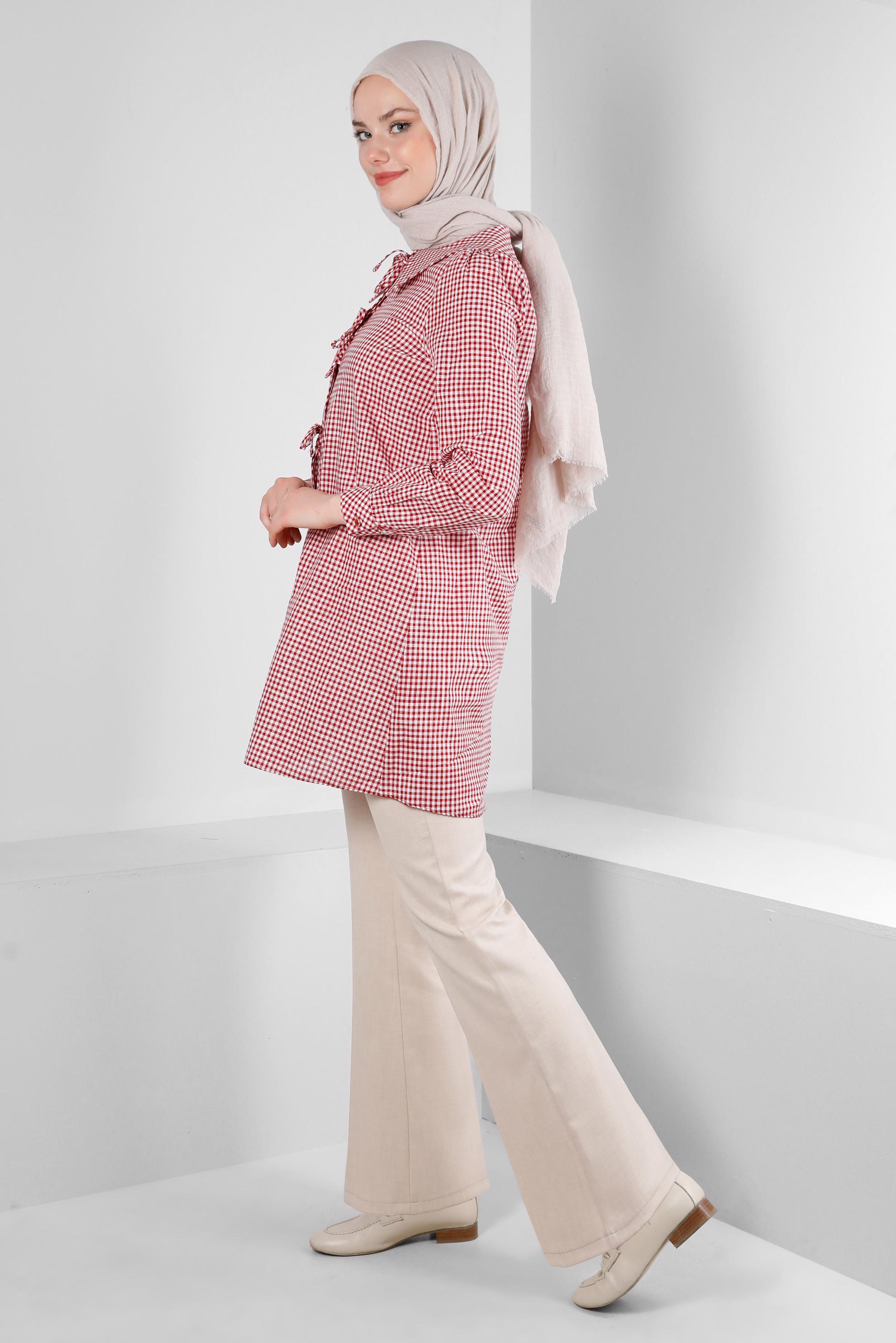 Tesettür giyim KIRMIZI PÖTİKARE DESENLİ BAĞCIK DETAYLI TUNİK 43647