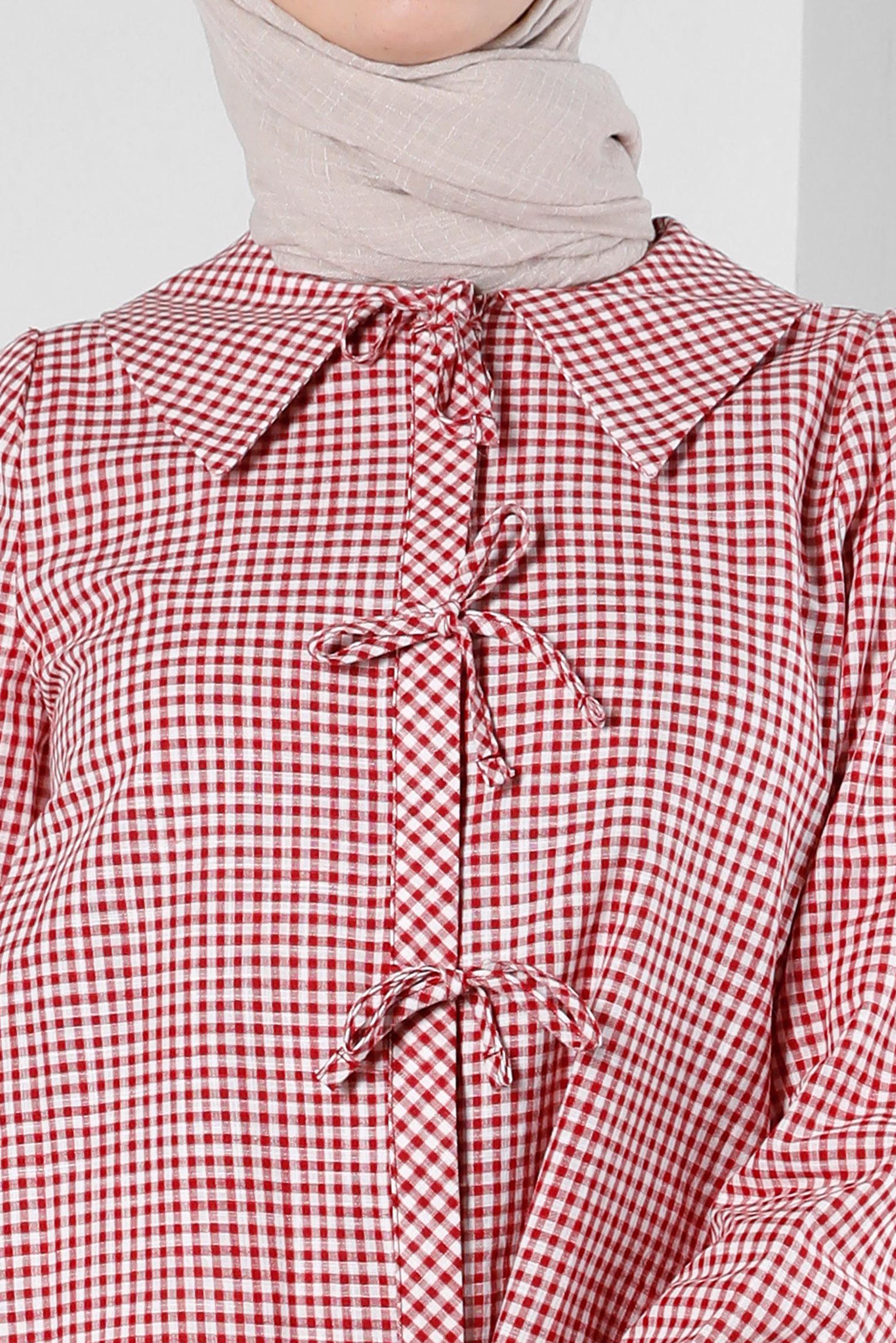 Tesettür giyim KIRMIZI PÖTİKARE DESENLİ BAĞCIK DETAYLI TUNİK 43647