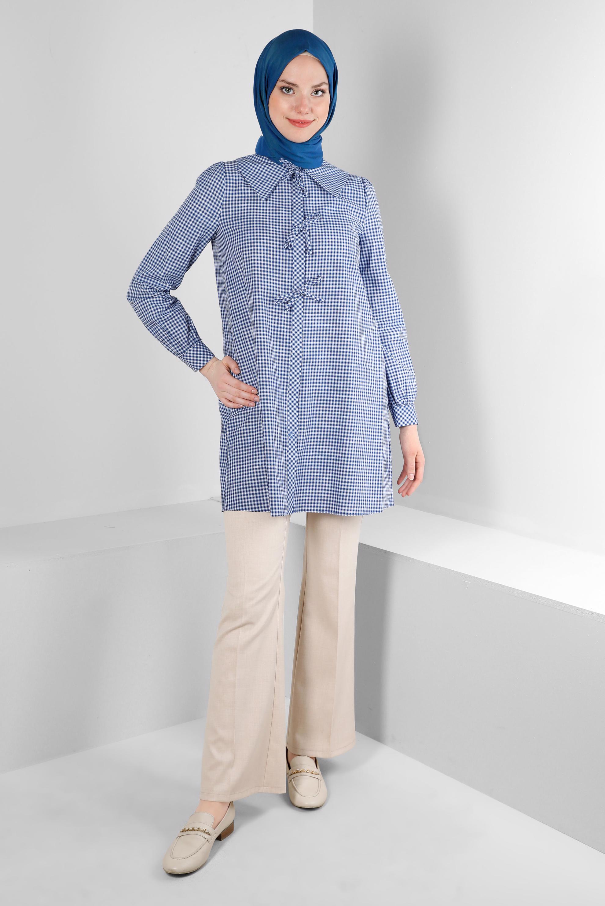 Tesettür giyim LACİVERT PÖTİKARE DESENLİ BAĞCIK DETAYLI TUNİK 43647