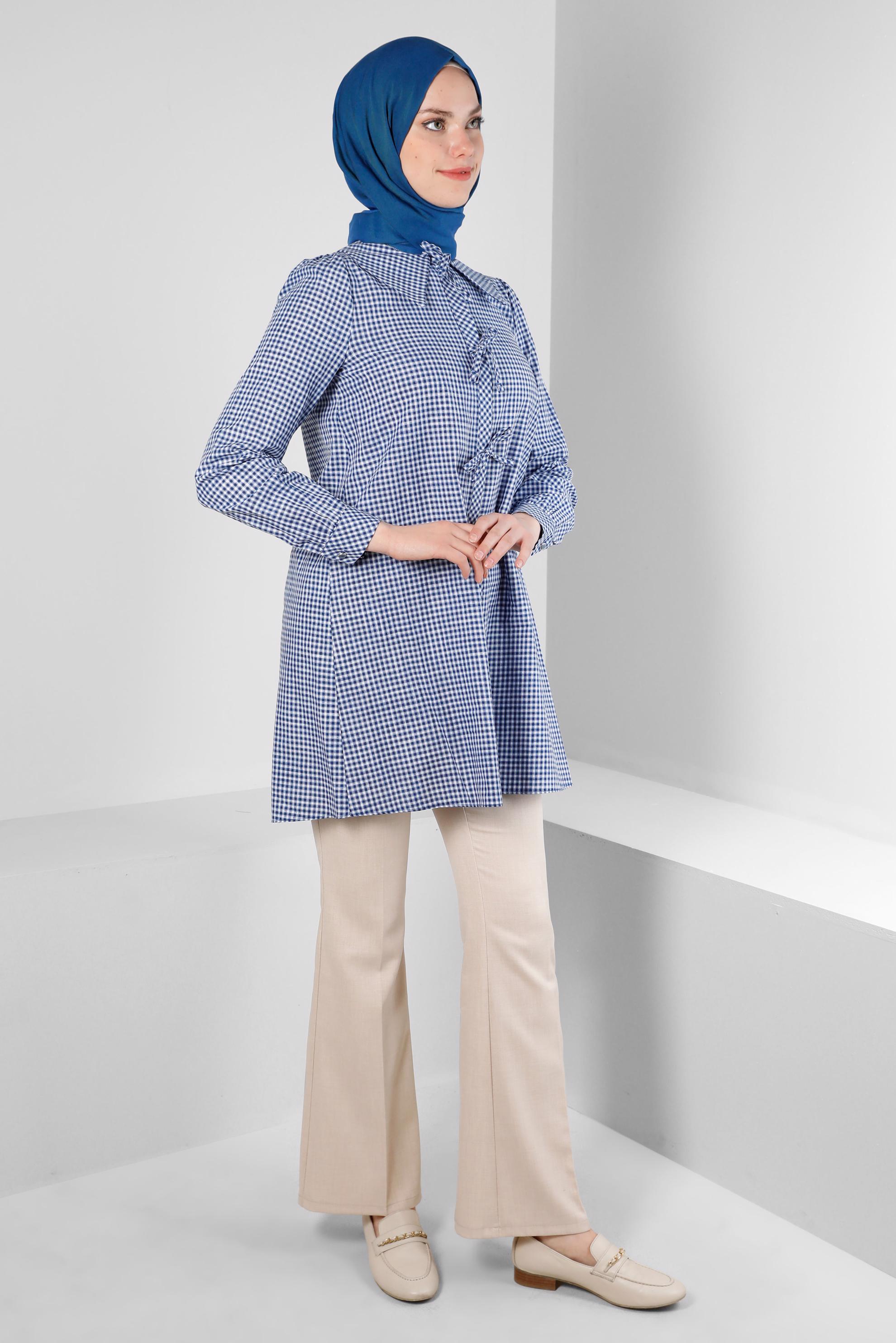 Tesettür giyim LACİVERT PÖTİKARE DESENLİ BAĞCIK DETAYLI TUNİK 43647