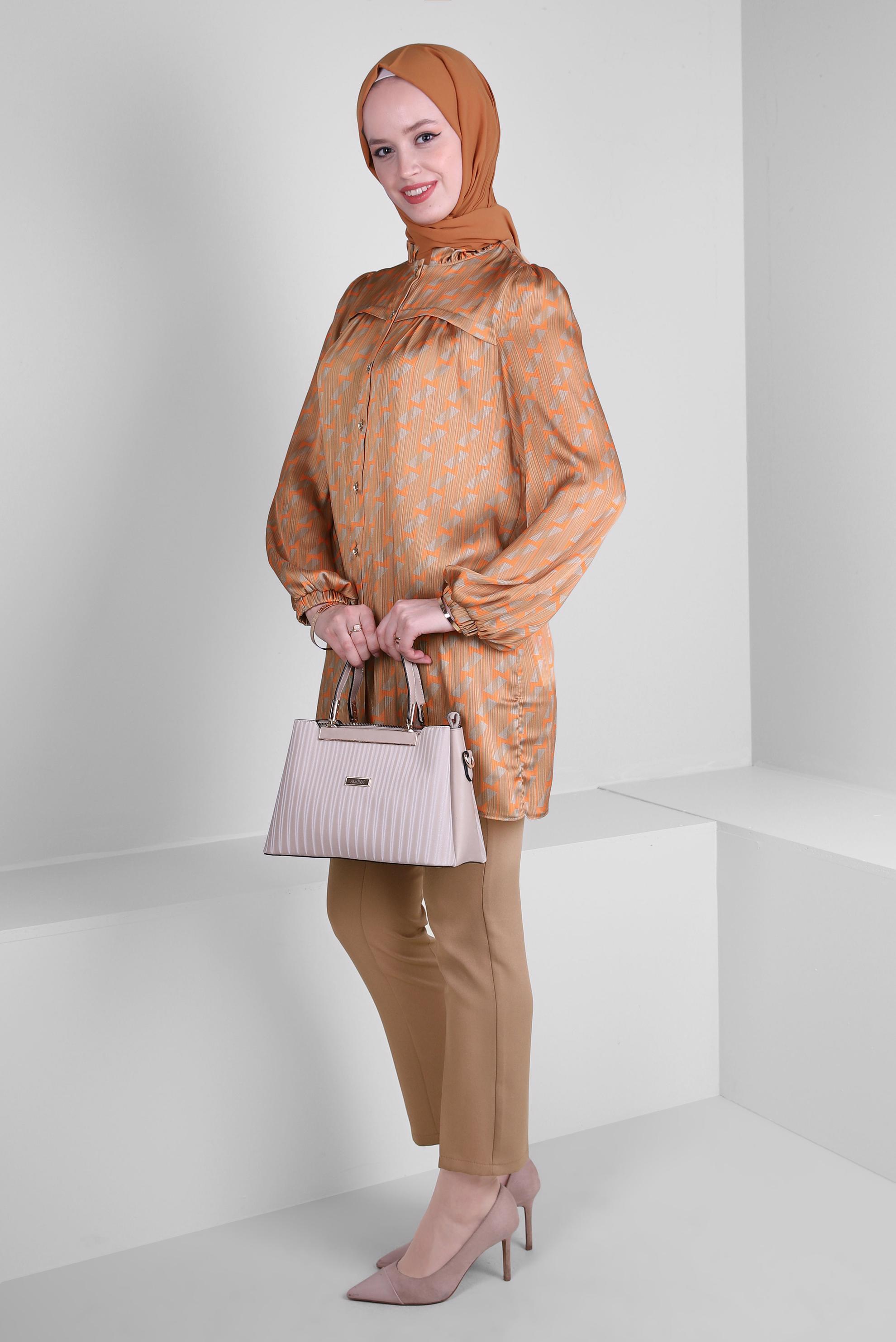 Tesettür giyim TURUNCU DESENLİ YAKASI FIRFIR DETAYLI GÖMLEK TUNİK 43651