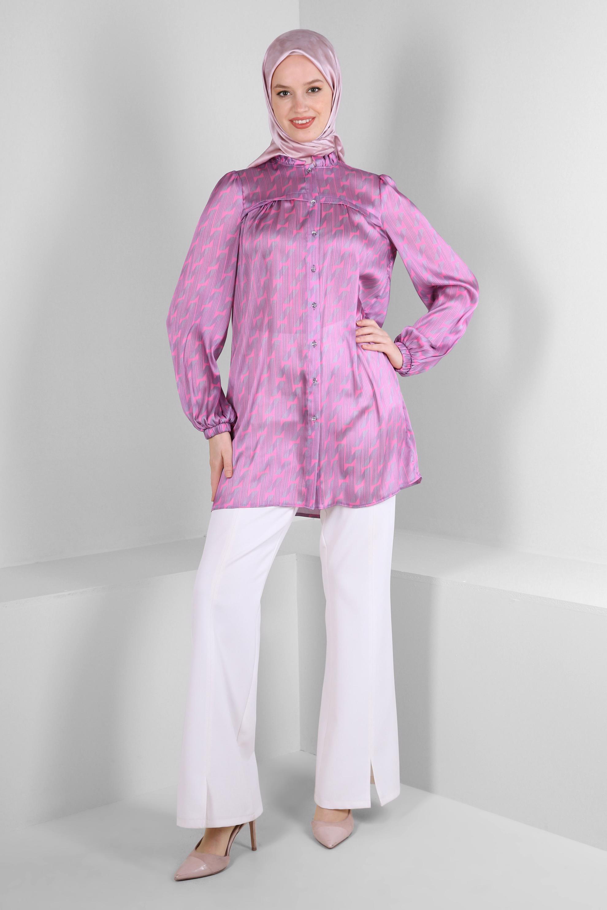 Tesettür giyim PEMBE DESENLİ YAKASI FIRFIR DETAYLI GÖMLEK TUNİK 43651