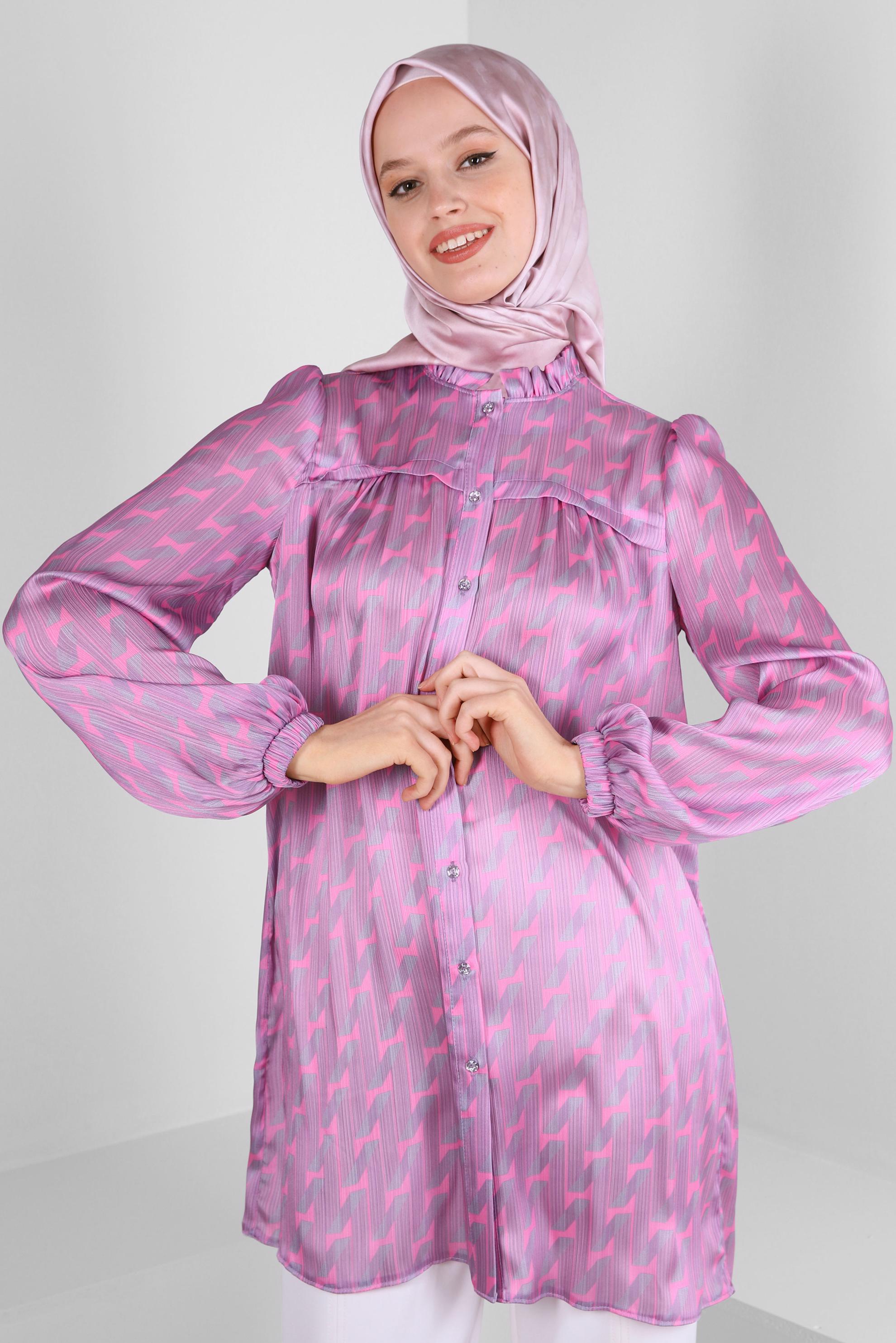 Tesettür giyim PEMBE DESENLİ YAKASI FIRFIR DETAYLI GÖMLEK TUNİK 43651