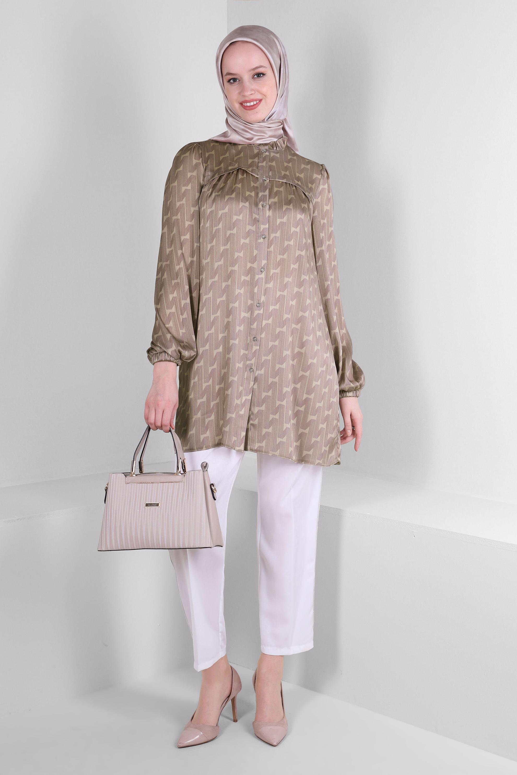 Tesettür giyim VİZON DESENLİ YAKASI FIRFIR DETAYLI GÖMLEK TUNİK 43651