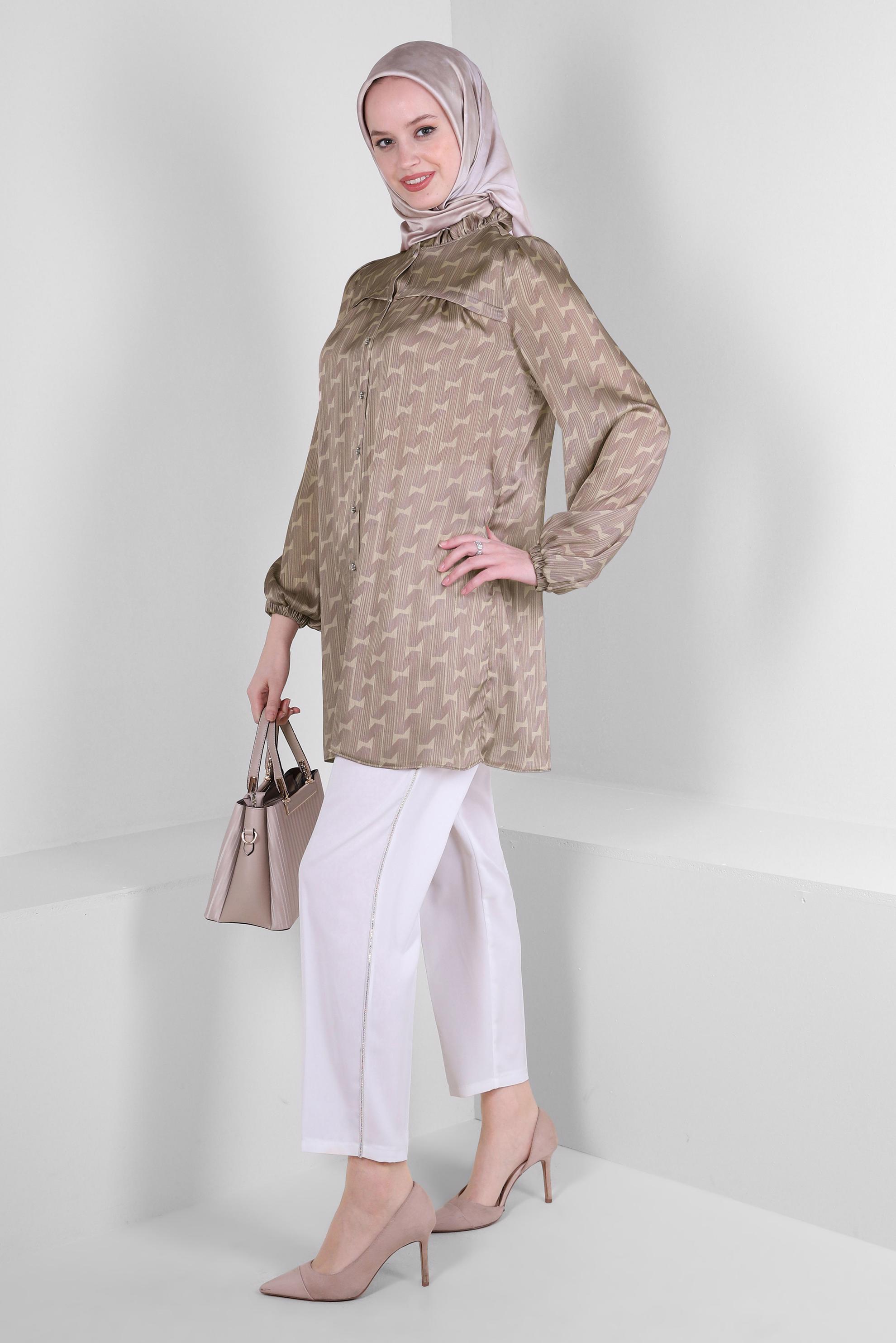 Tesettür giyim VİZON DESENLİ YAKASI FIRFIR DETAYLI GÖMLEK TUNİK 43651