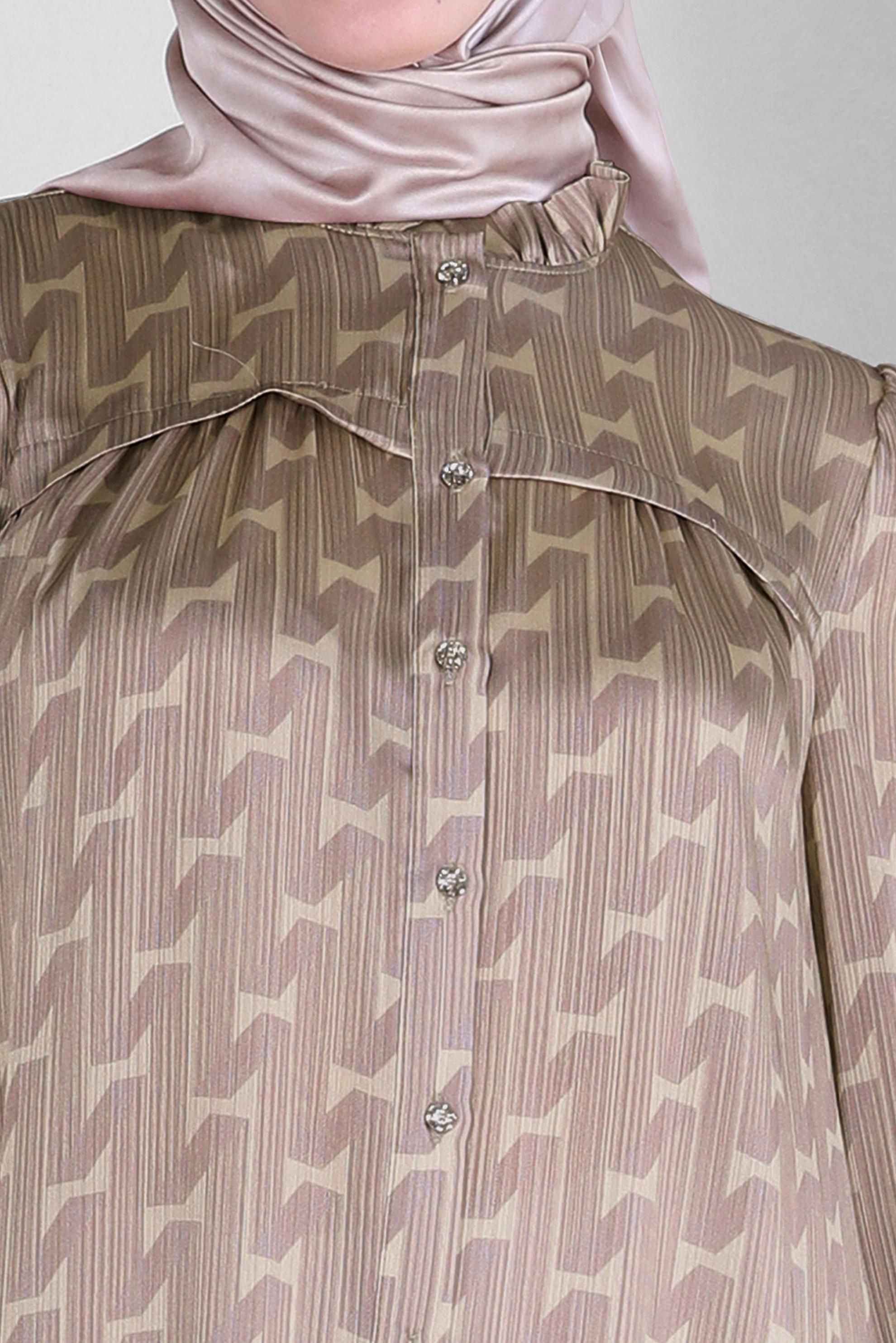 Tesettür giyim VİZON DESENLİ YAKASI FIRFIR DETAYLI GÖMLEK TUNİK 43651