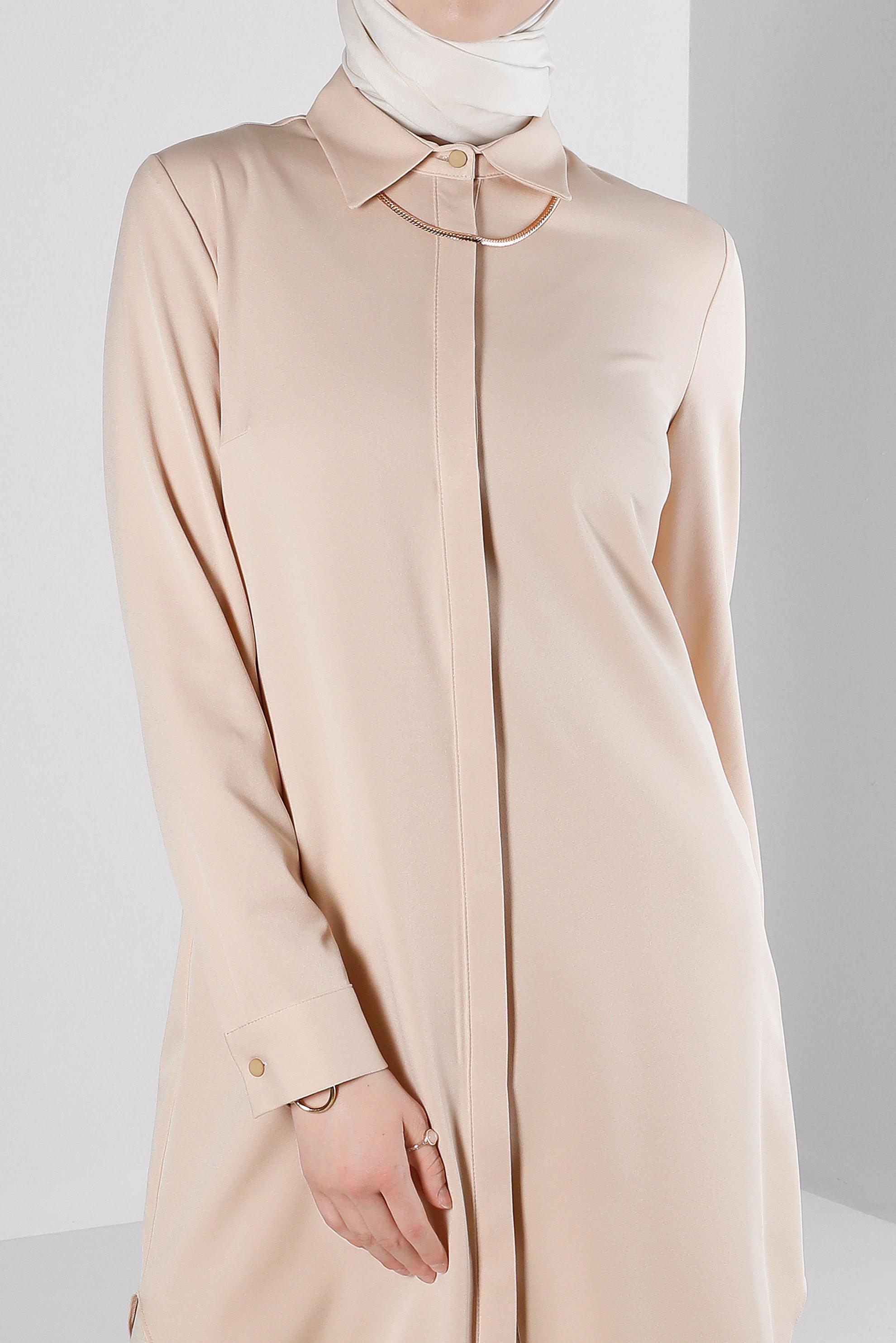 Tesettür giyim BEJ GİZLİ DÜĞMELİ YANI YIRTMAÇLI TUNİK 43667