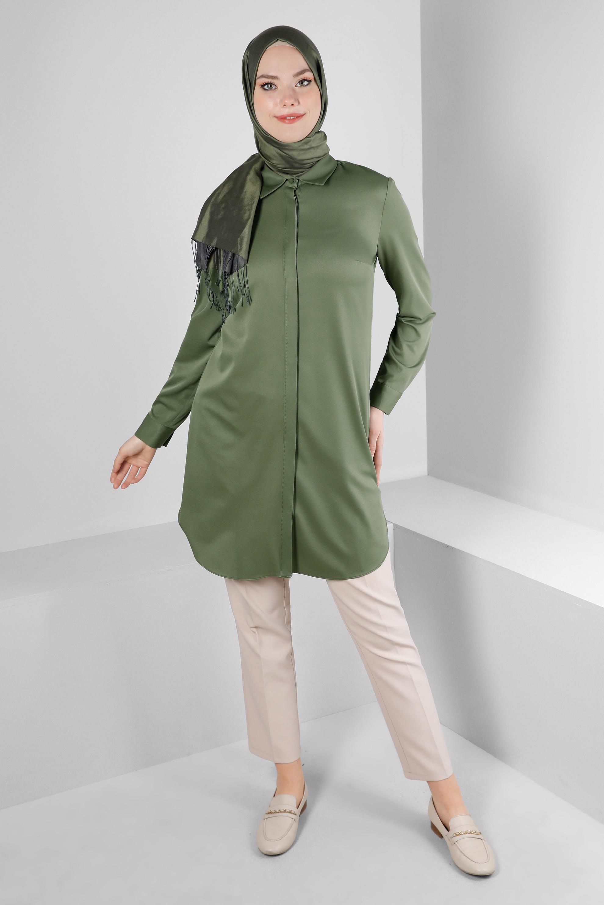 Tesettür giyim HAKİ GİZLİ DÜĞMELİ YANI YIRTMAÇLI TUNİK 43667