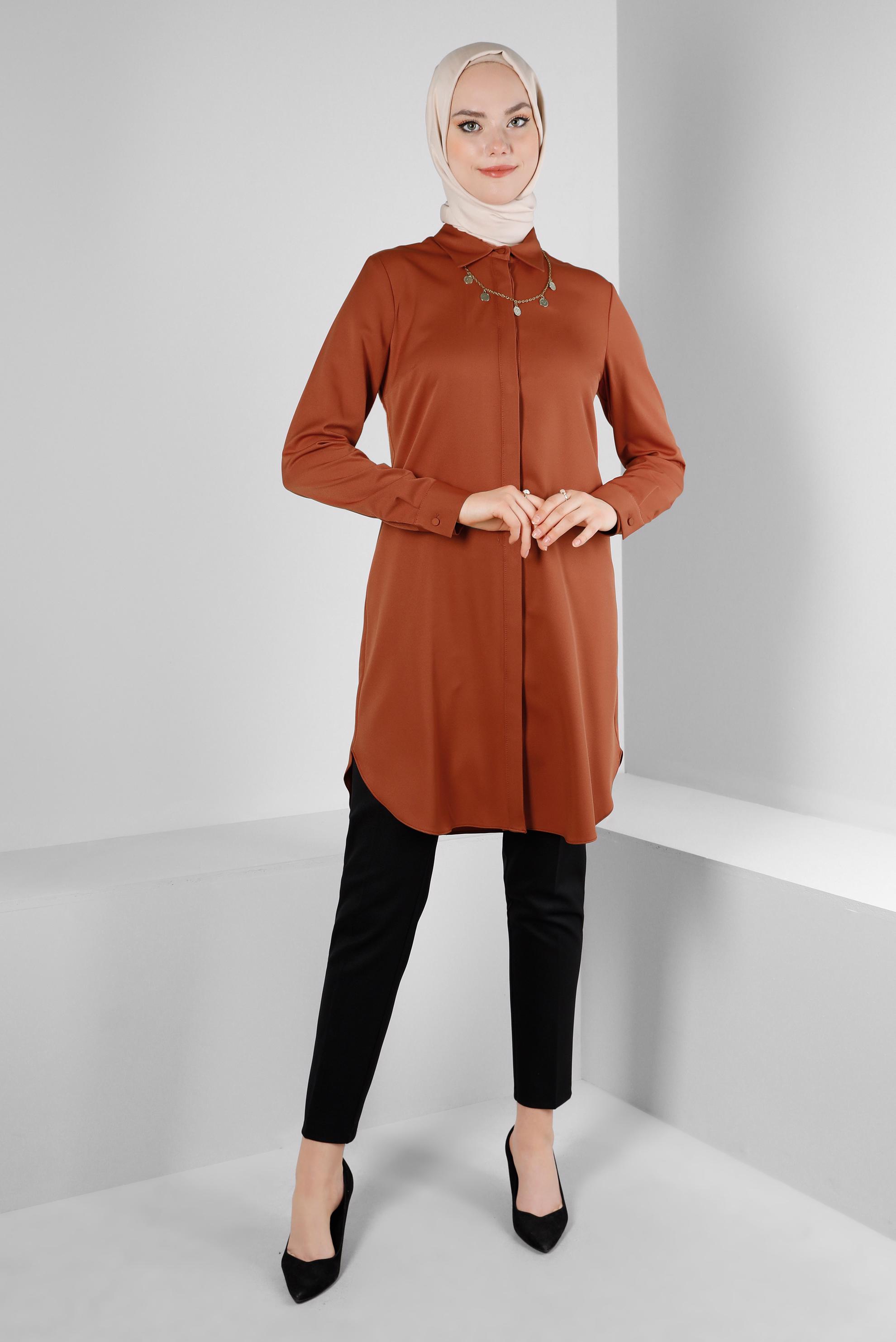Tesettür giyim TURUNCU GİZLİ DÜĞMELİ YANI YIRTMAÇLI TUNİK 43667