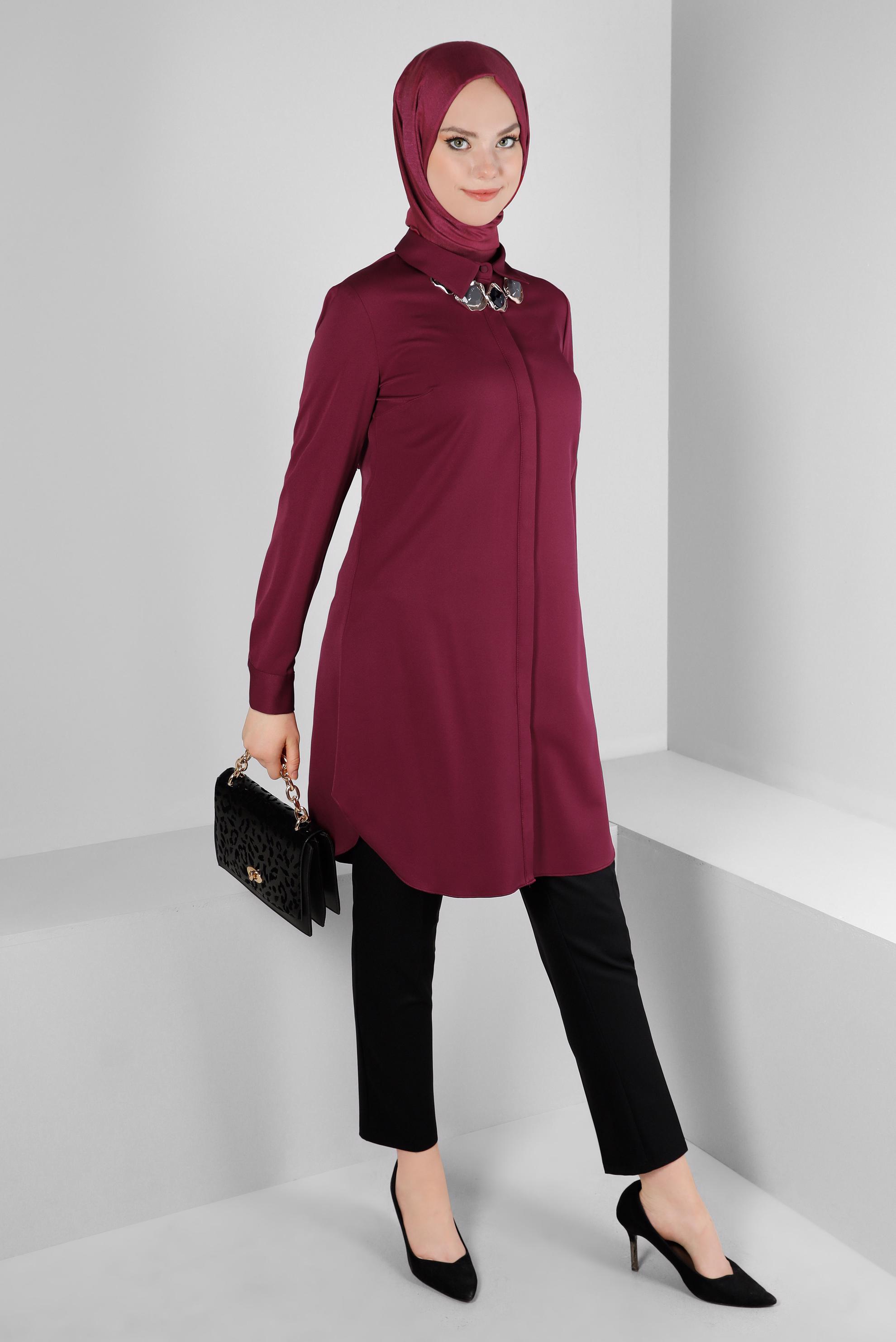 Tesettür giyim MOR GİZLİ DÜĞMELİ YANI YIRTMAÇLI TUNİK 43667