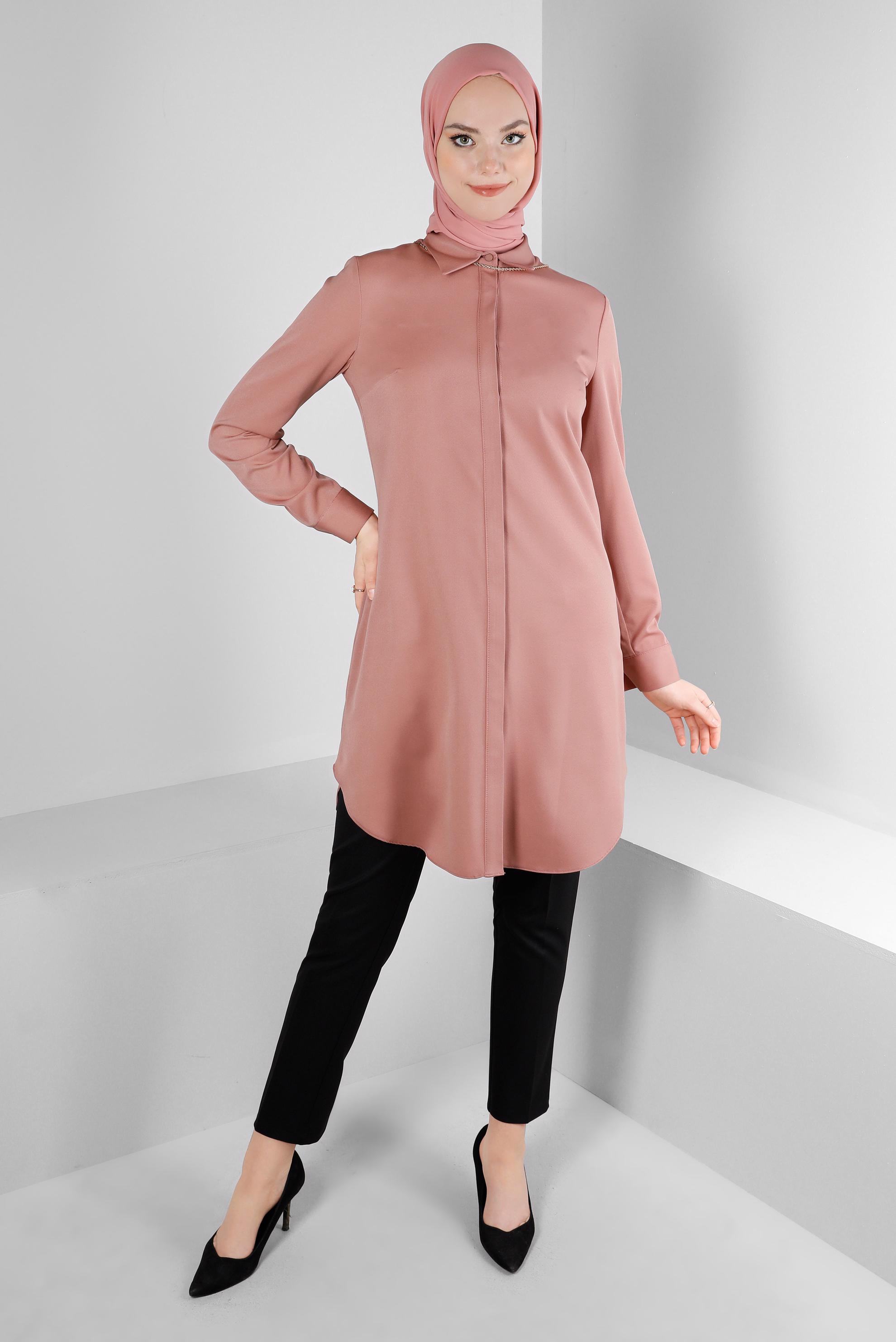 Tesettür giyim PEMBE GİZLİ DÜĞMELİ YANI YIRTMAÇLI TUNİK 43667